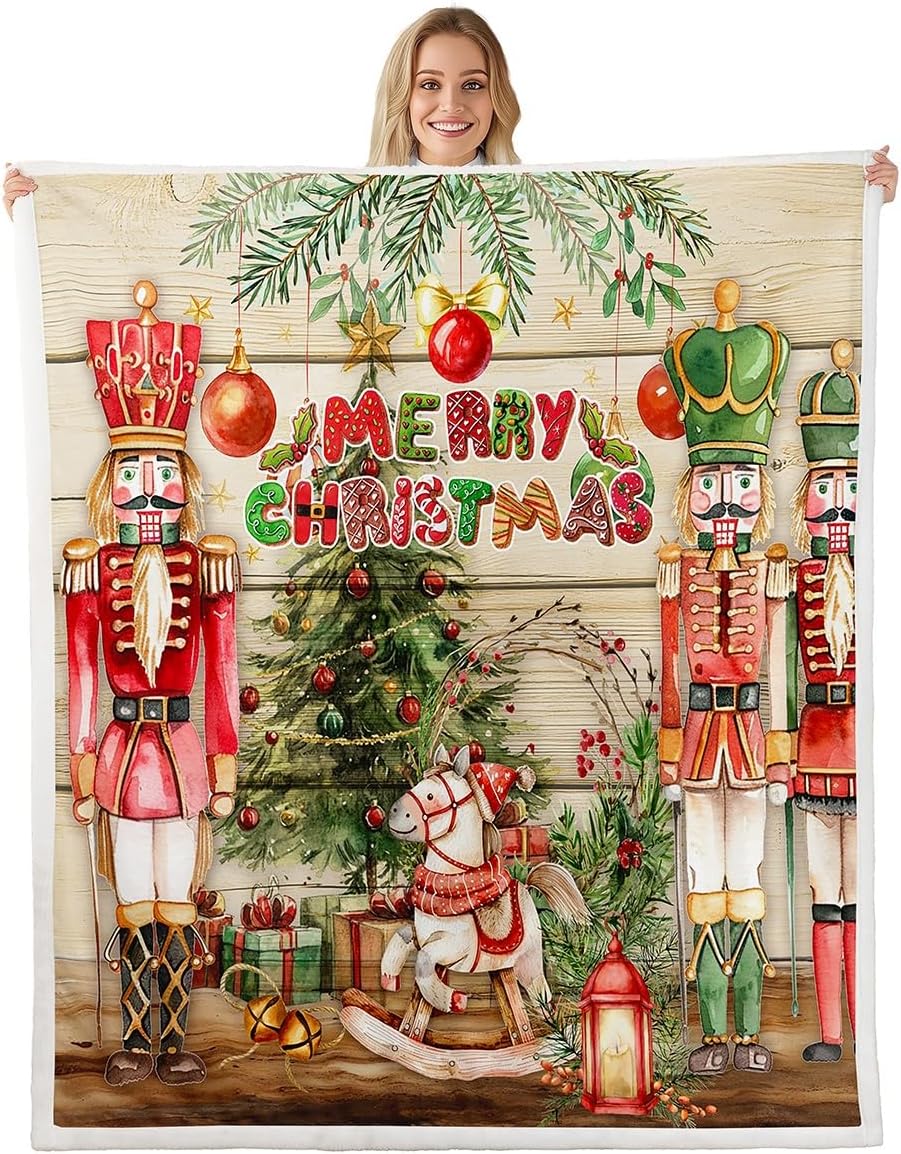 Feelyou Christmas Sherpa Blanket Throw 50"x60" Santa Rider Fleece Throw Blanket for Bed Sofa Couch Snowflake Plush Blanket Horse Fuzzy Blanket Beige Brown