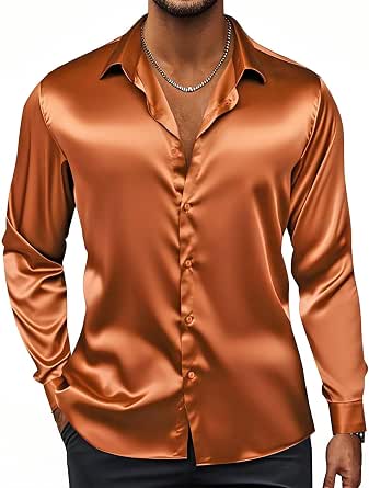 Men's Silk Satin Long Sleeve Button-Up Disco Shirt