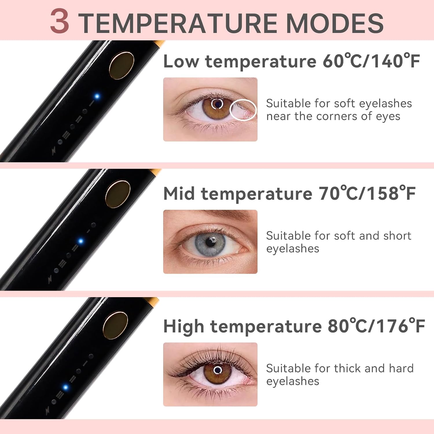 Heated Eyelash Curler, 10s Fast Heating 3 Temp Settings, Eye Lash Curler Heat with with 3 Kind of Detachable Brush Head Covers, No Lashes Damage, Natural Curling 24H for Women - Black
