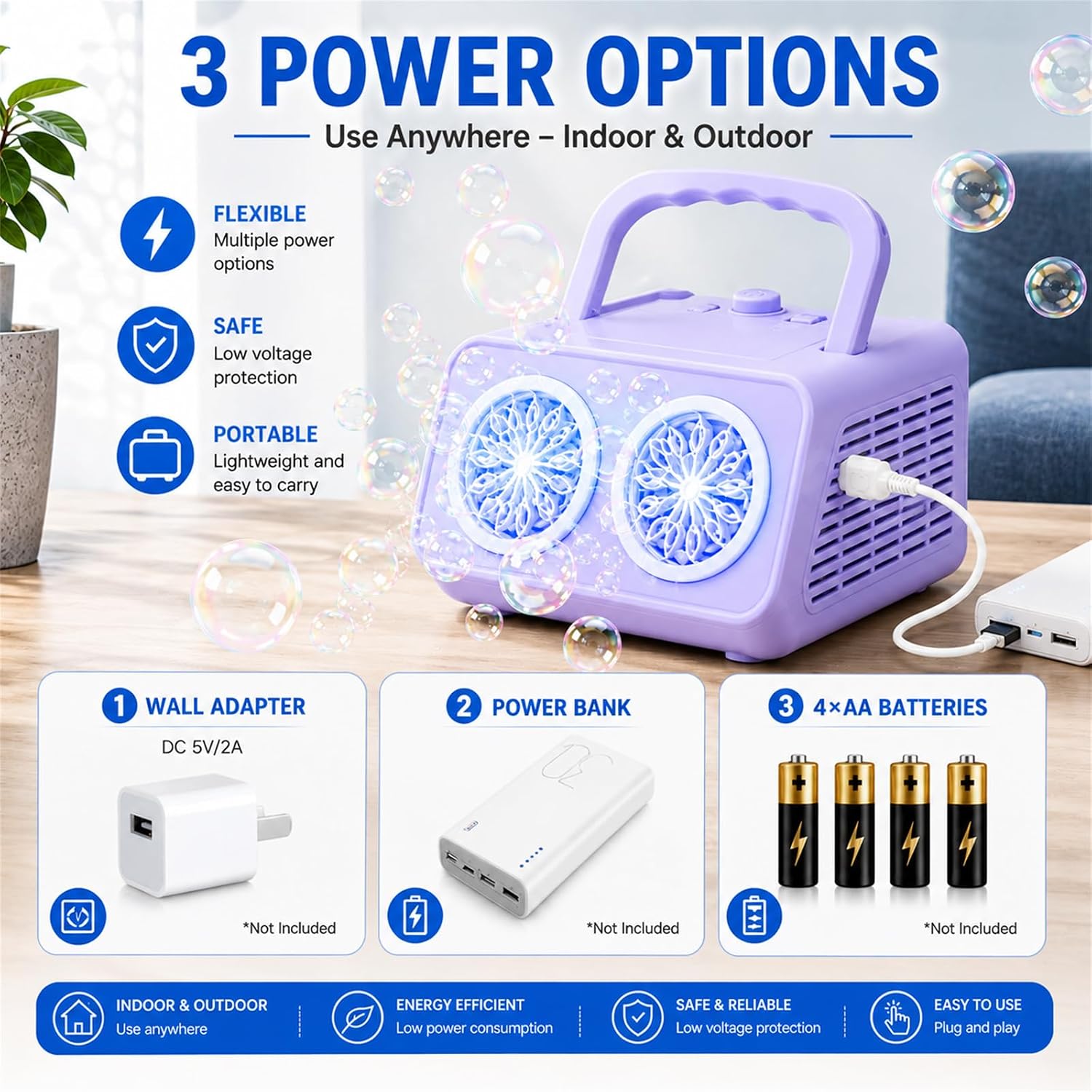Bubble Machine with Dual Fans, 20,000+ Bubbles Per Minute, USB-C or AA Battery Powered,Leak-Proof Sealed Bottle,Portable Bubble Maker for Birthday Party Pool Wedding Outdoor