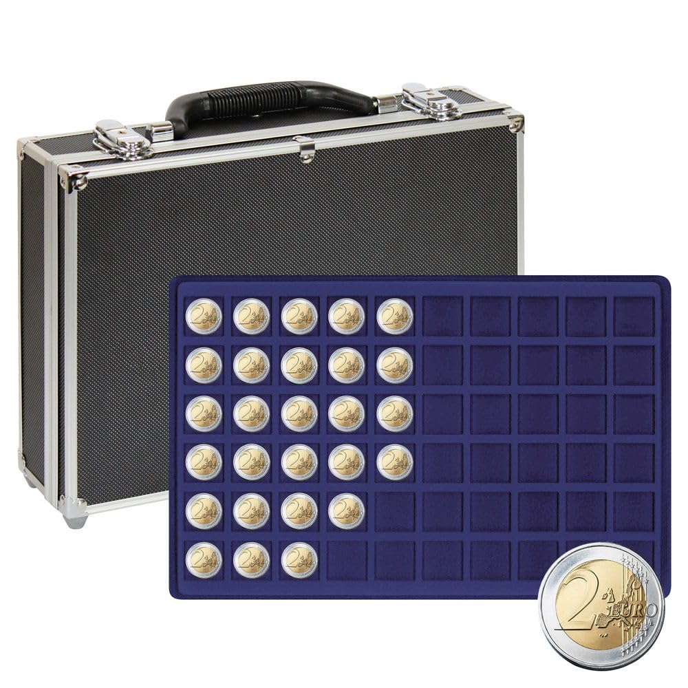 LINDNER Das Original Maletín Grande para colección de Monedas con 8 tableros Azul Oscuro para 480 Monedas o cápsulas para Monedas de hasta un diámetro de 27 mm