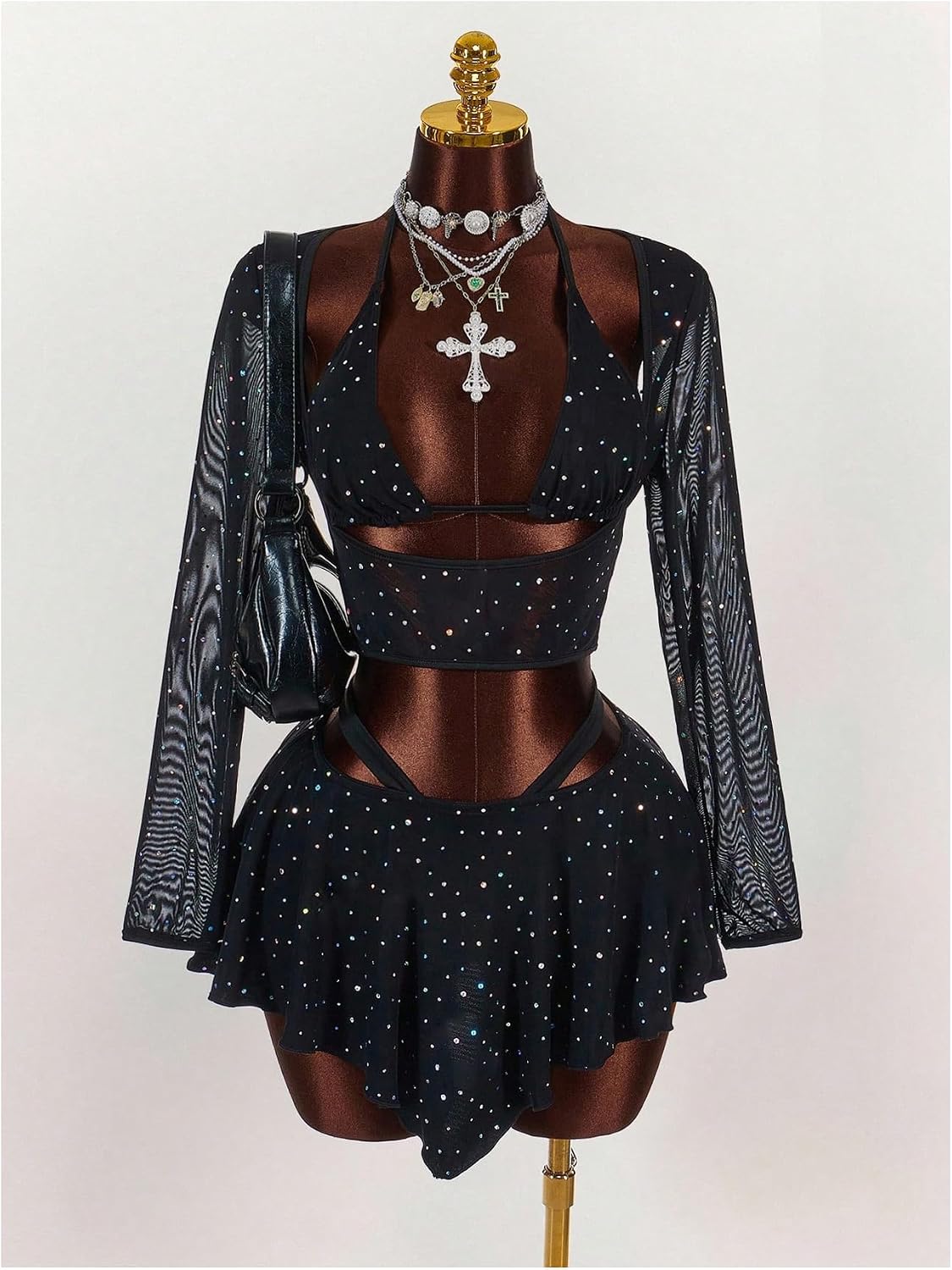 SweatyRocks Women's Sparkly 3 Piece Outfits Sexy Sequin Mesh Crop Top and Ruffled Mini Skirt Rave Club Concert Outfit