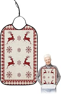 BOBOWUNY Christmas Elk Adult Bibs for Elder Women Men Eating, Red Plaid Winter Snowflake Linen Texture Waterproof & Washable Bibs for Eating Clothing Protector Dining Bibs for Crumb Catcher