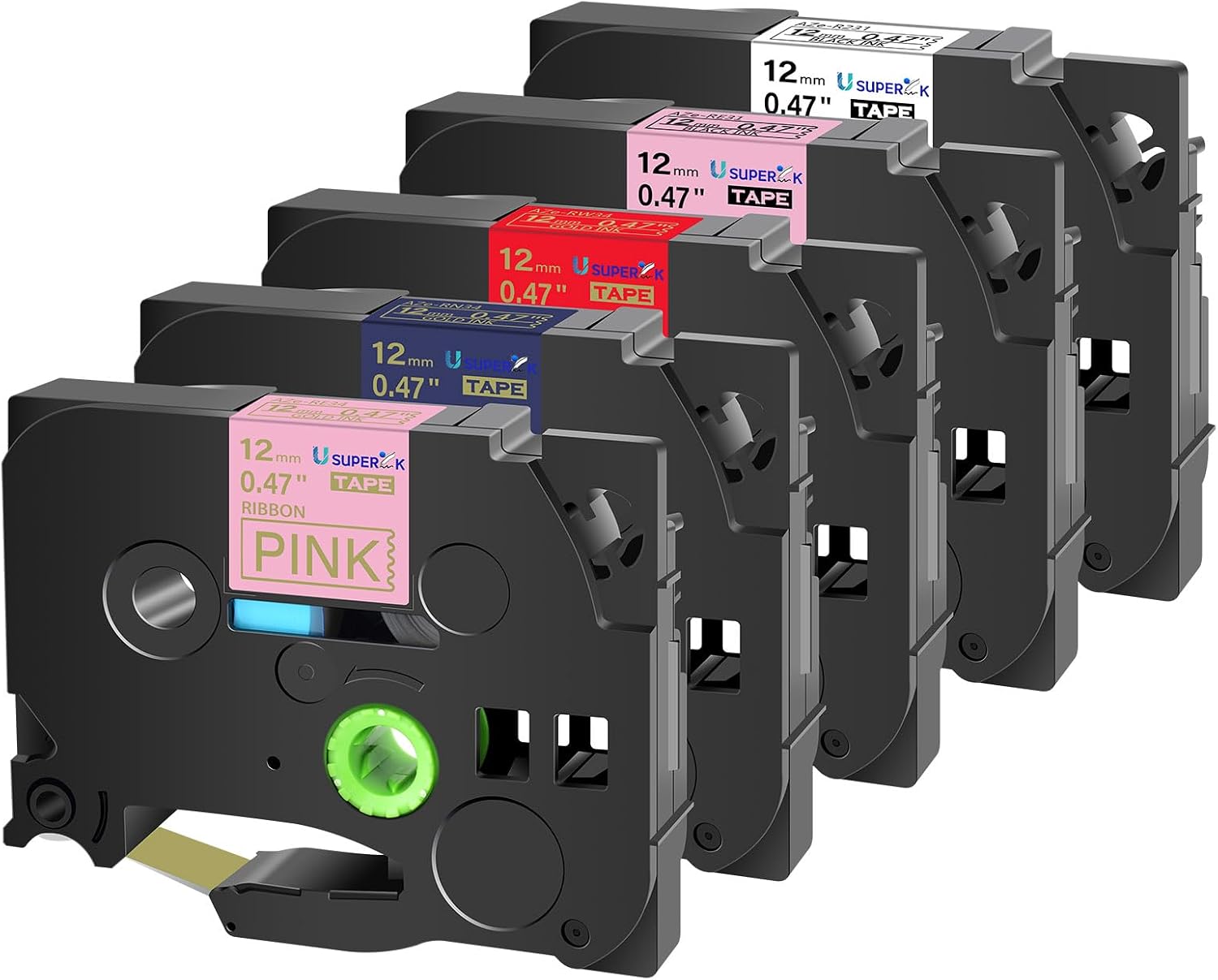USUPERINK 5PK Compatible for Brother P-Touch 12mm 0.47'' TZe-RW34 RN34 RE34 R231 RE31 Gold on Red/Navy/Pink and Black on White/Pink Satin Fabric Ribbon Embellish Label for PT D210 PTH110