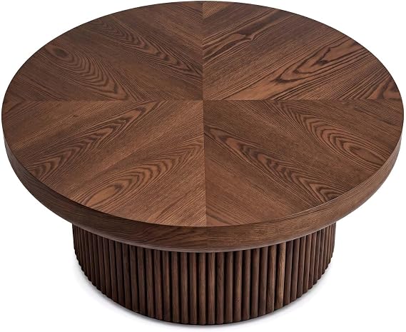 33.5'' Round Coffee Table with Cylindrical Base, Modern Wood Coffee Table