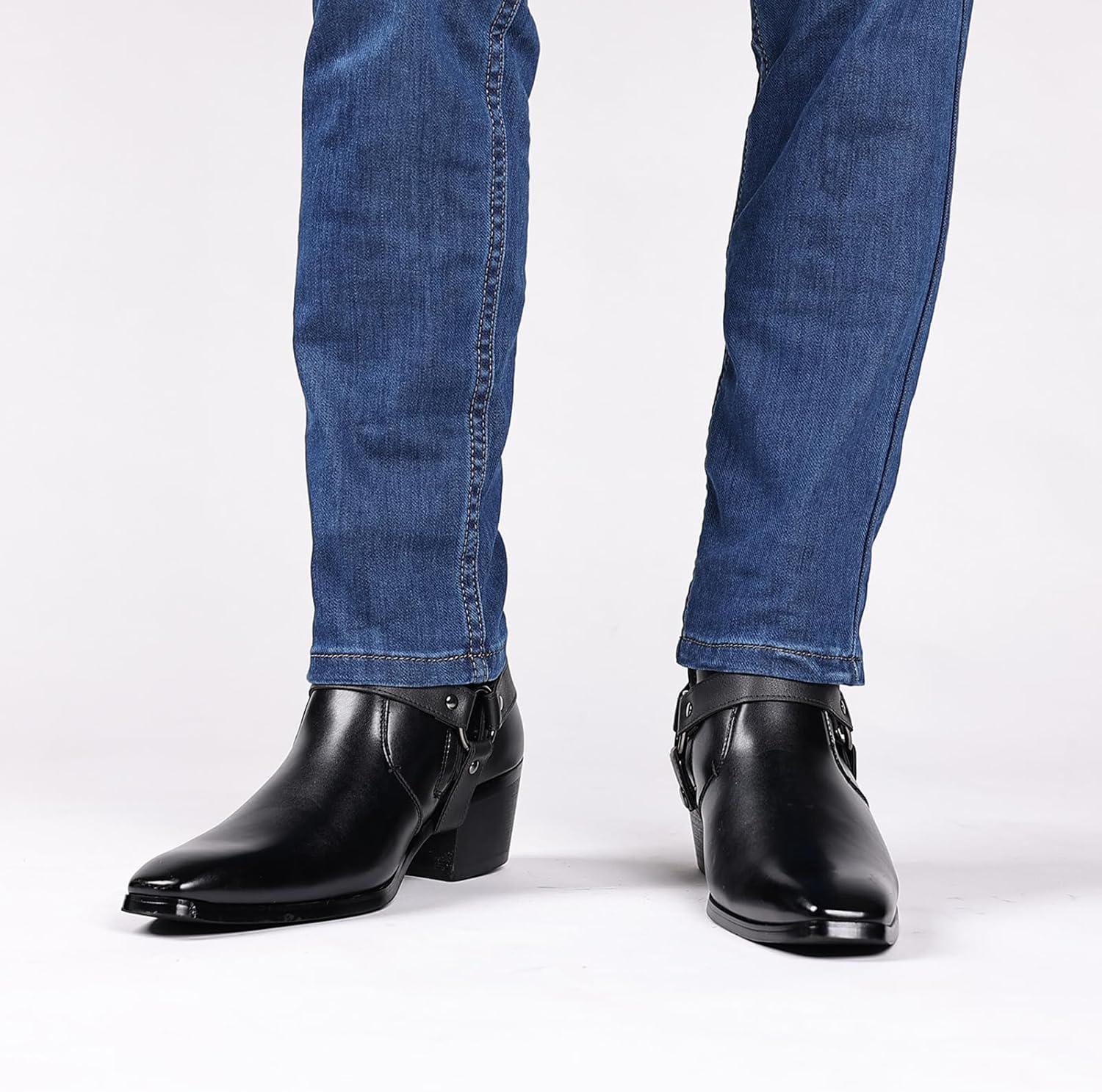 Men's Leather Chunky Heel Dress Chelsea Boots with Belt Buckle Fashion Classic Cap Toe Side Zipper Block High Heels High Top Formal Oxford Shoes Casual Business Chukka Booties - Image 2