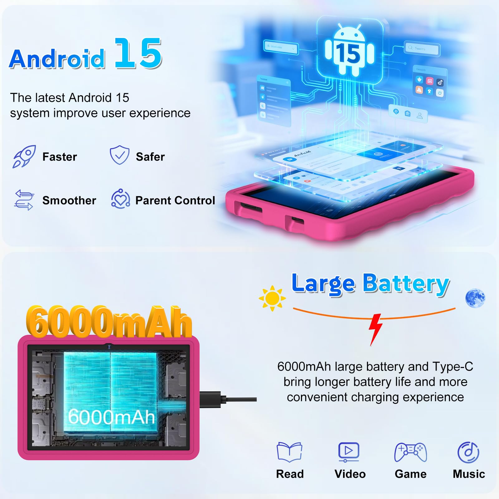 DMOAO Tablette Enfants 10 Pouces Android 15 avec 30Go RAM (TF 2To), 5G WI-FI 6, Widevine L1, Contrôle Parental, 8-Core, Tablette Tactile avec Coque Antichoc EVA + Support Rotatif à 360°,Rose Rouge