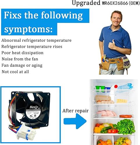 Miniatura 5 de Motor de ventilador de evaporador de refrigerador OEM WR60X26866 actualizado 2025, compatible con GE Refrigrator, reemplazar V80E14MS2A3-57A611