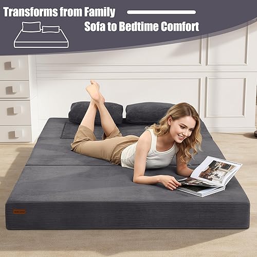 Miniatura 6 de MeMoreCool Sofá cama convertible tipo futón tamaño Queen, sofá cama plegable con almohada, sofá plegable de pana gris, sofá cama plegable sin hueso,