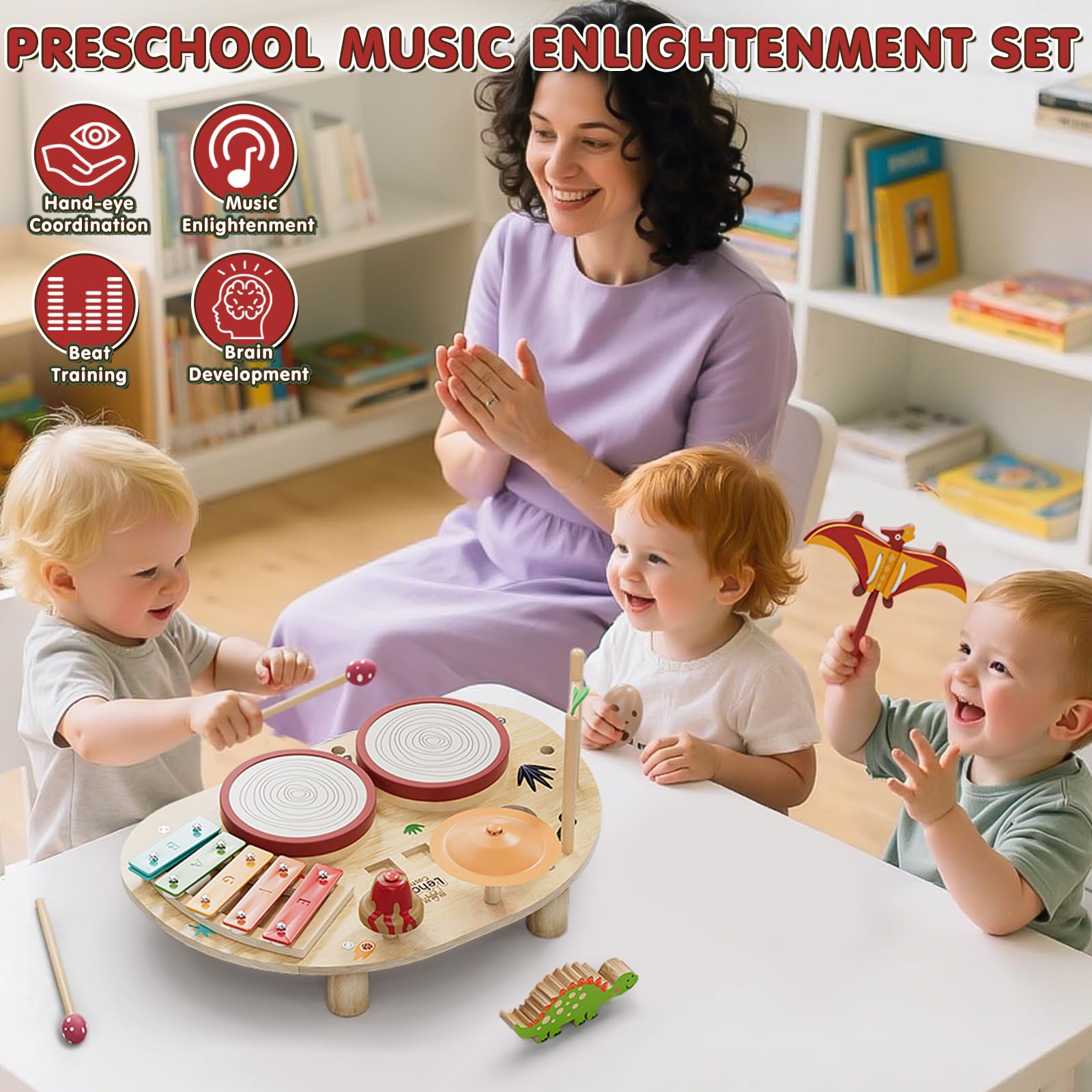 Lehoo Castle 9 in 1 Giochi Legno Montessori Strumenti Musicali, 9 in 1 Bambini Tamburi Set con Xilofono Batteria, Gioco 2 3 4 Anni, Educativi Interattivo Regalo