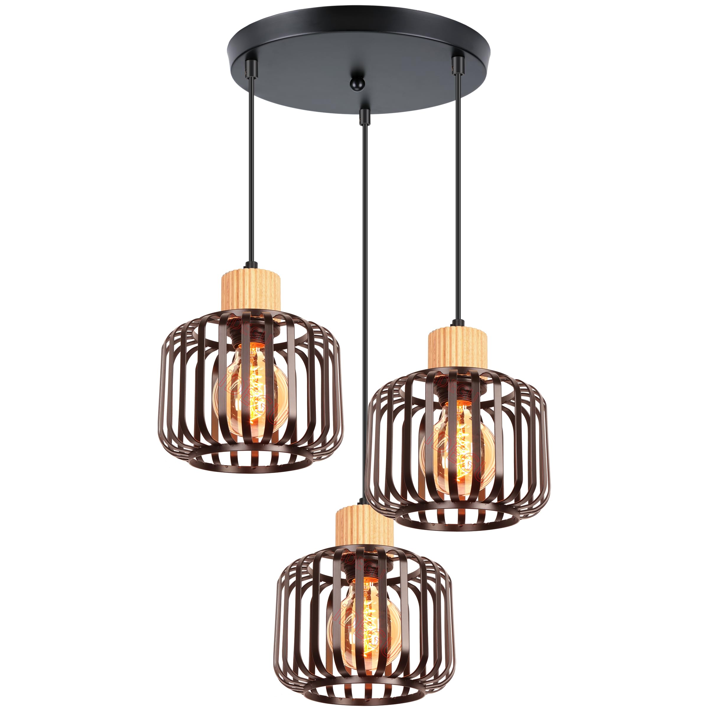 iDEGU 3 Luces Lámpara Colgante Vintage Lámpara de Techo en Madera y Metal Industrial Araña Colgante Diseño Jaula E27 Iluminación de Techo para Salón Dormitorio Cocina Comedor Cafetería (Redonda,Negro)
