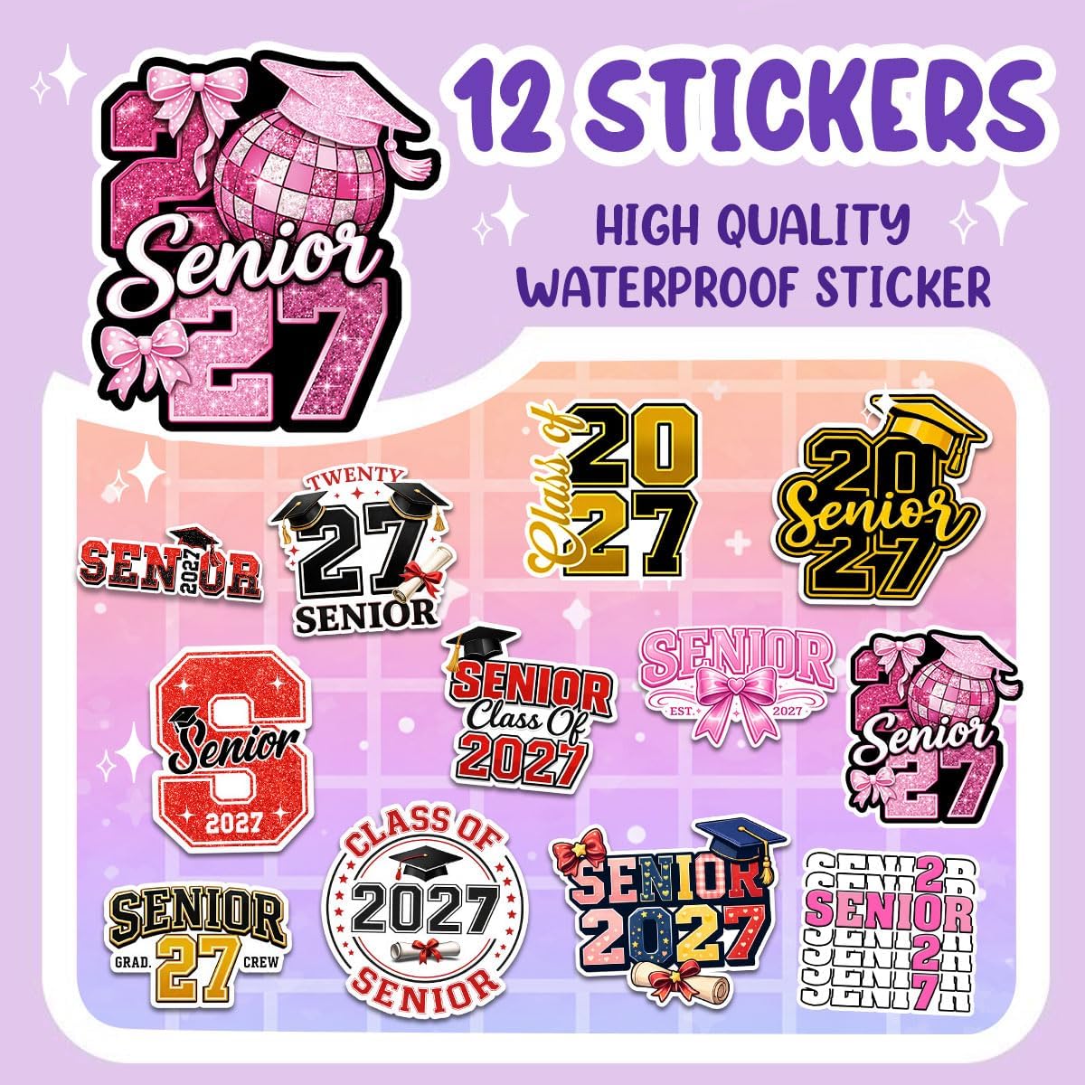 12pcs-3in Senior 2027 Stickers Pack, Class of 2027 Stickers, High School Graduation Senior Sticker Gifts for Students, University Students for Laptop Tablet Water Bottle Planner Kindel Helmet image 3