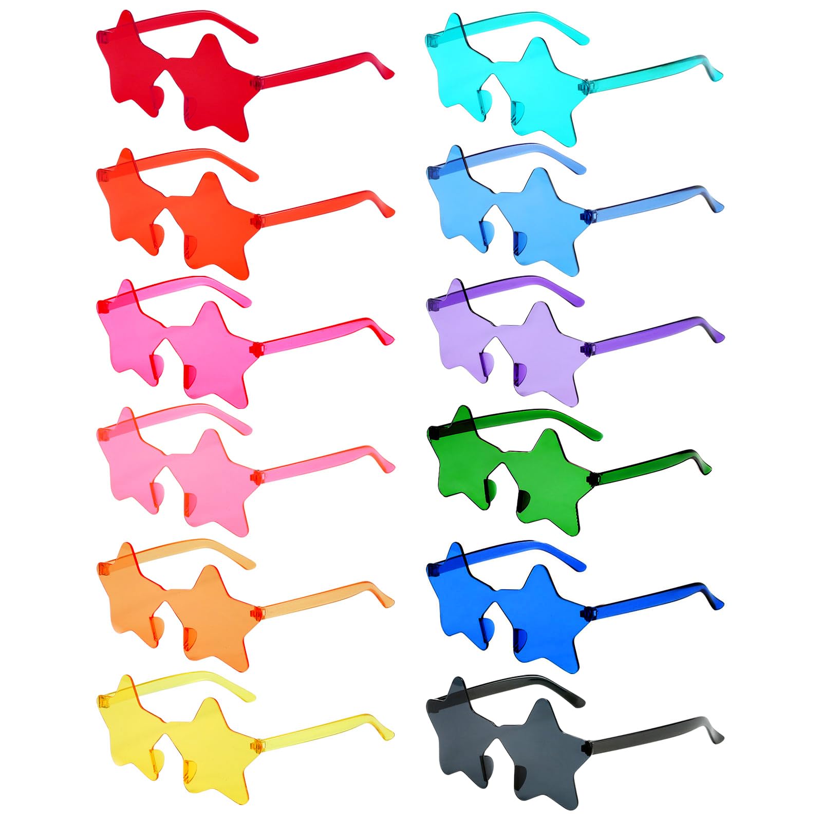 Pibupibu 12 Pack Colorful Star Shaped Sunglasses Bulk, Transparent Rimless Star Glasses, Cute Pentagram Fun Party Sunglasses Set