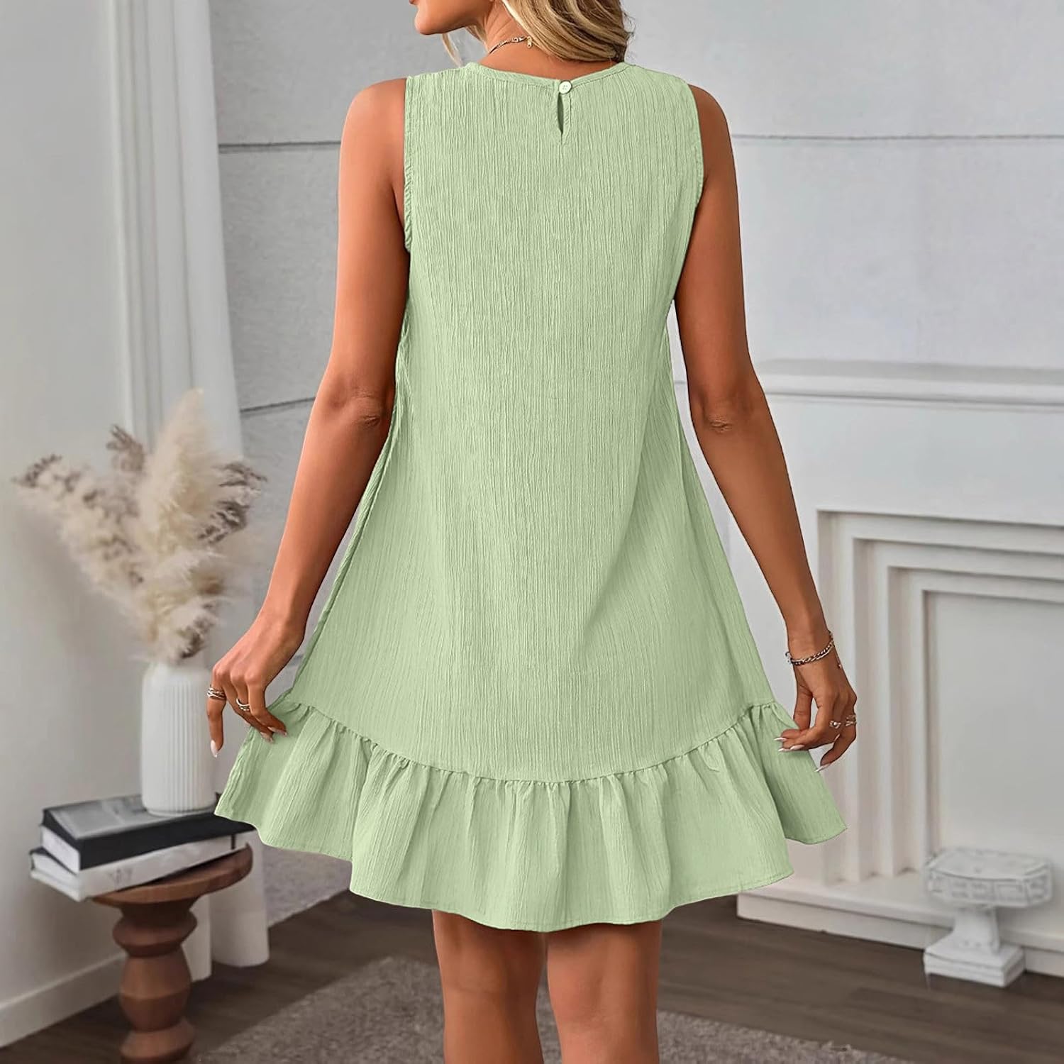 Crew Neck Summer Casual Dress for Women Beach Vacation Sleeveless Ruffle Tank Sundress Solid Color Loose Mini Dress