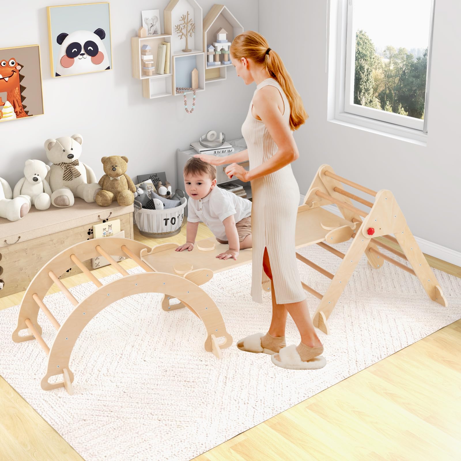 COSTWAY Kletterdreieck mit Rutsche, Kletterbogen, inkl. doppelseitige Rampe, Klettergerüst Indoor klappbar, Sprossendreieck zum Klettern, Rutschen und Wippen, Kinder Spielplatz Holz ab 3 Jahre, Natur