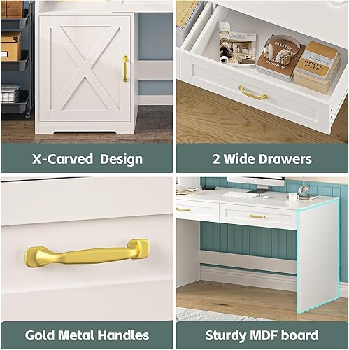 Miniatura 7 de Escritorio de 60" para computadora con cajones y estanterías, escritorio para oficina en casa con gabinete de almacenamiento y amplio escritorio,