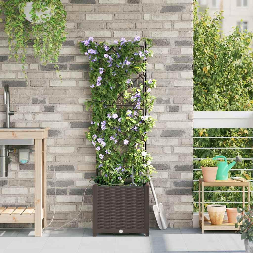 Jardinière à arrosage automatique pour l'extérieur : pot de fleurs de jardin en plastique marron avec système d'arrosage pratique pour la terrasse