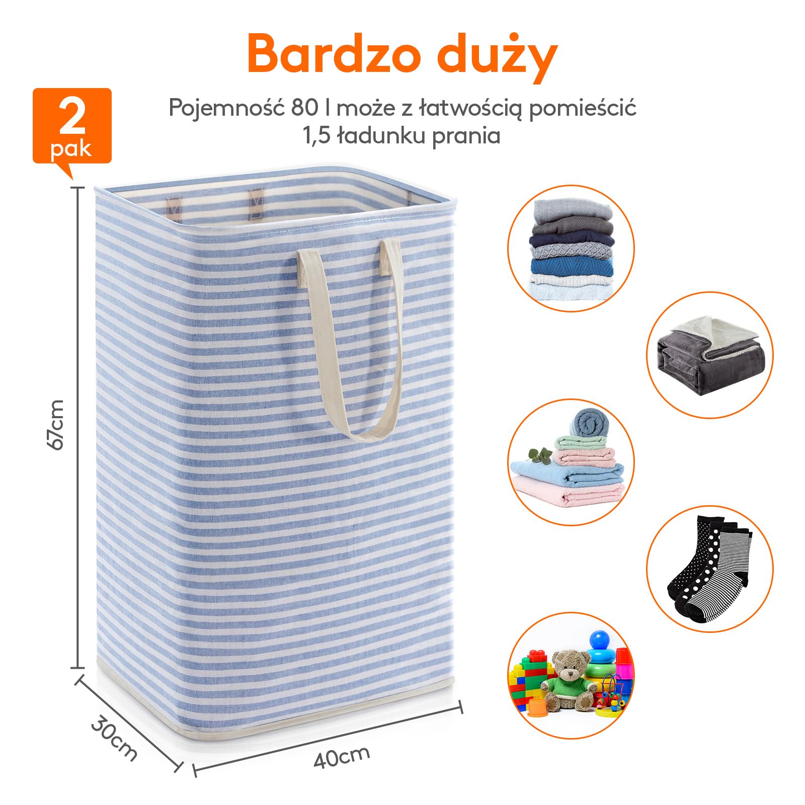 Lifewit Kosz na Pranie z Uchwytem, Duży Składany Wodoodporny Kosze Brudna Ubrania, Laundry Basket do Odzież, Sypialnia, Szary & Niebieski, 80L, 2 Paczki