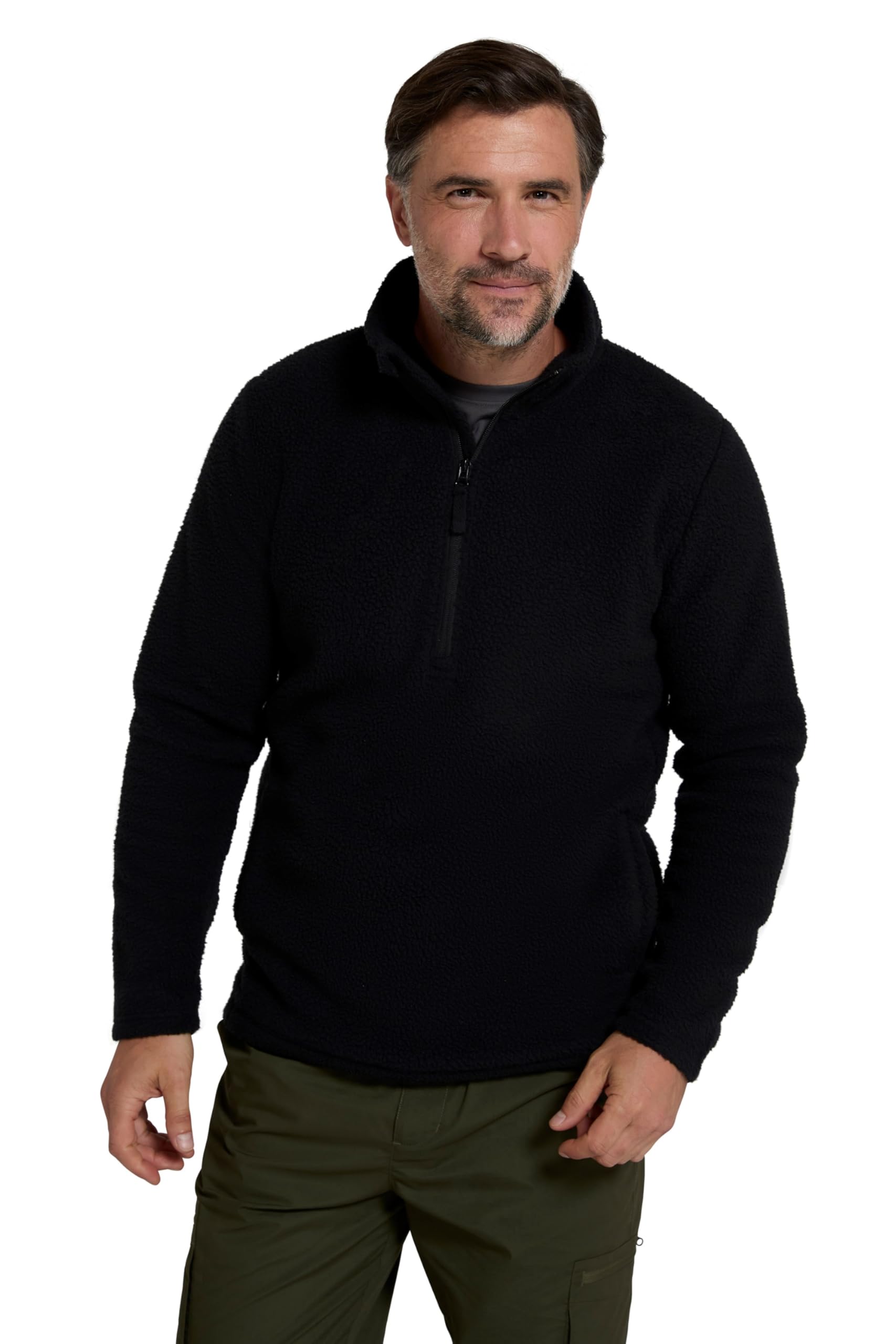 Mountain Warehouse Men's Black Ted Half-Zip Borg Fleece - Warm & Cosy, Lightweight Microfleece Pullover - Autumn Winter, Outdoors, Holiday, Walking, Hiking Medium