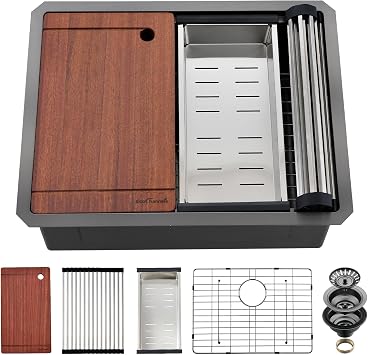 Undermount Kitchen Sink, 24 x 19 Inch Sink Kitchen 16 Gauge Stainless Steel Kitchen Sinks Gunmetal Black Single Bowl Workstation Sink with Cutting Board