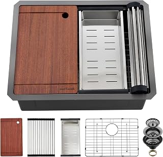 Undermount Kitchen Sink, 24 x 19 Inch Sink Kitchen 16 Gauge Stainless Steel Kitchen Sinks Gunmetal Black Single Bowl Workstation Sink with Cutting Board