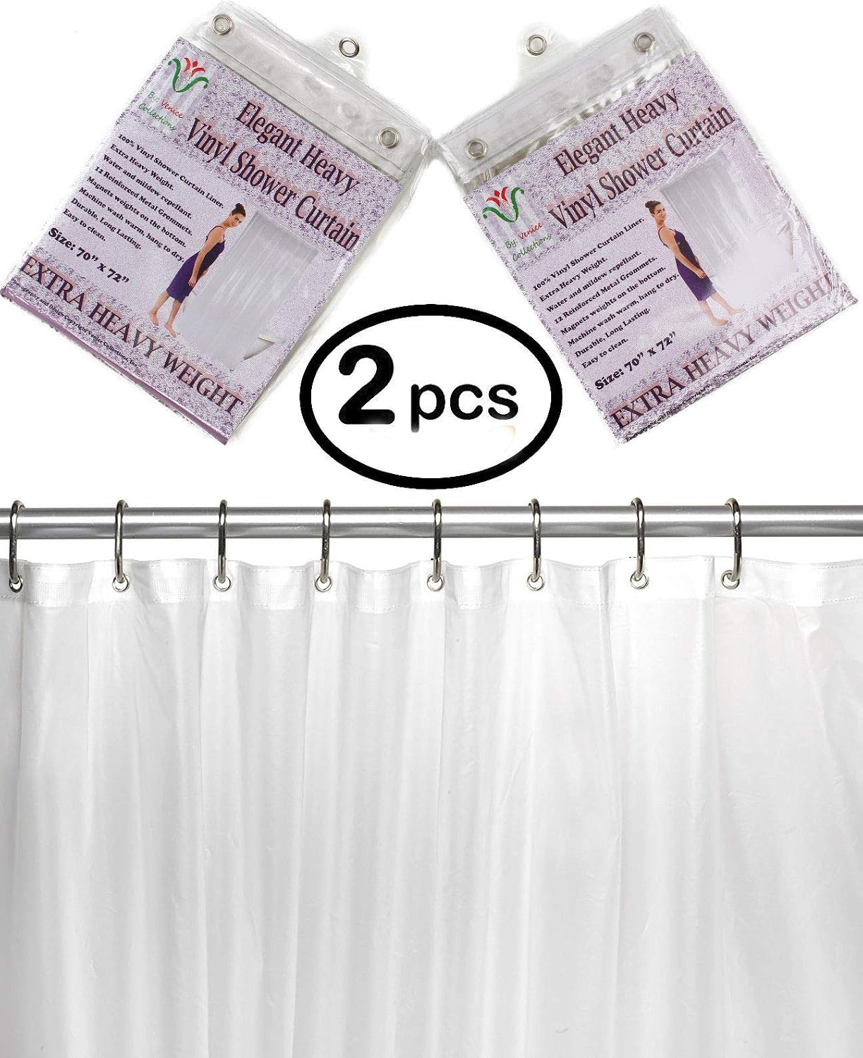 2-Pack Heavy Duty 100% Water Repellent, 10 Mil, Durable Shower Curtain Liner with Reinforced Header, Rustproof Grommets, & Weighted Magnetic Hem DPC Clear