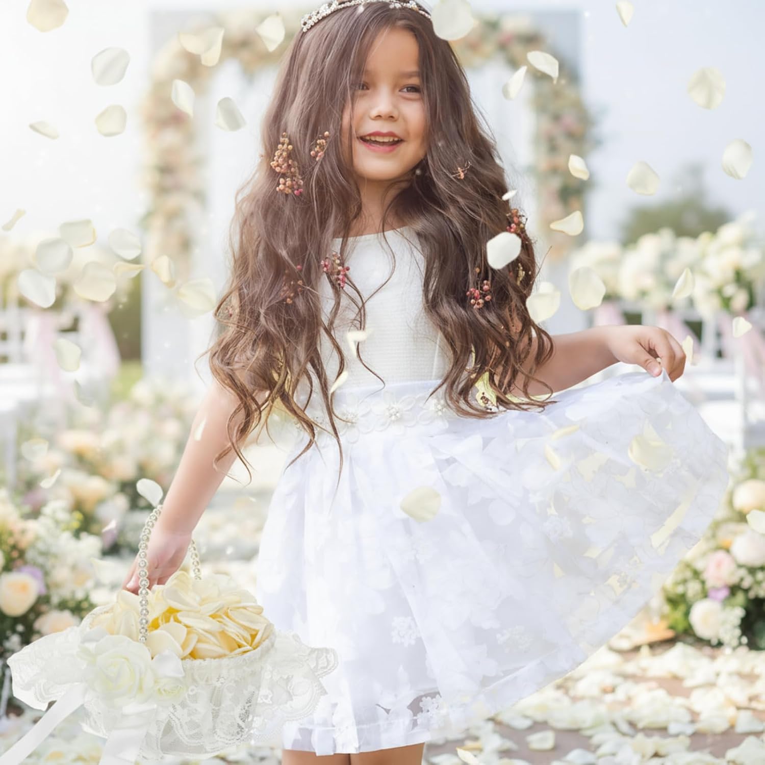 2 Packs Wedding Flower Girl Baskets with 300 Pcs Silk Petals, Pearl Handle and Ribbon Bow, White Lace Satin Elegant Storage Flower Girl Baskets for Wedding Bride Ceremony Party Accessories