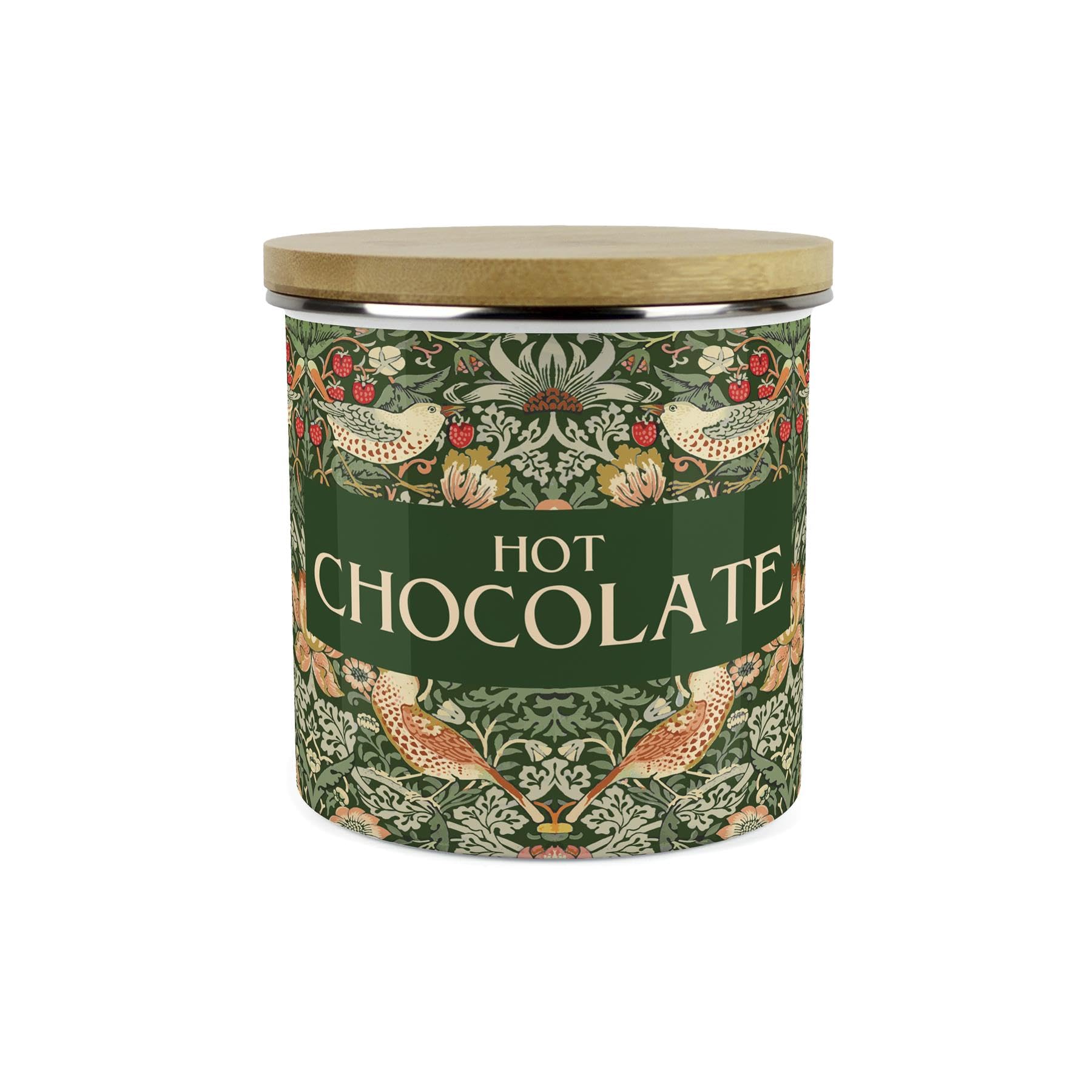 Purely Home Hot Chocolate Green Strawberry Thief Storage Canister - Morris Inspired Floral Tapestry Artwork - 1.2L Enamel Hot Drinks/Food Kitchen Storage Container