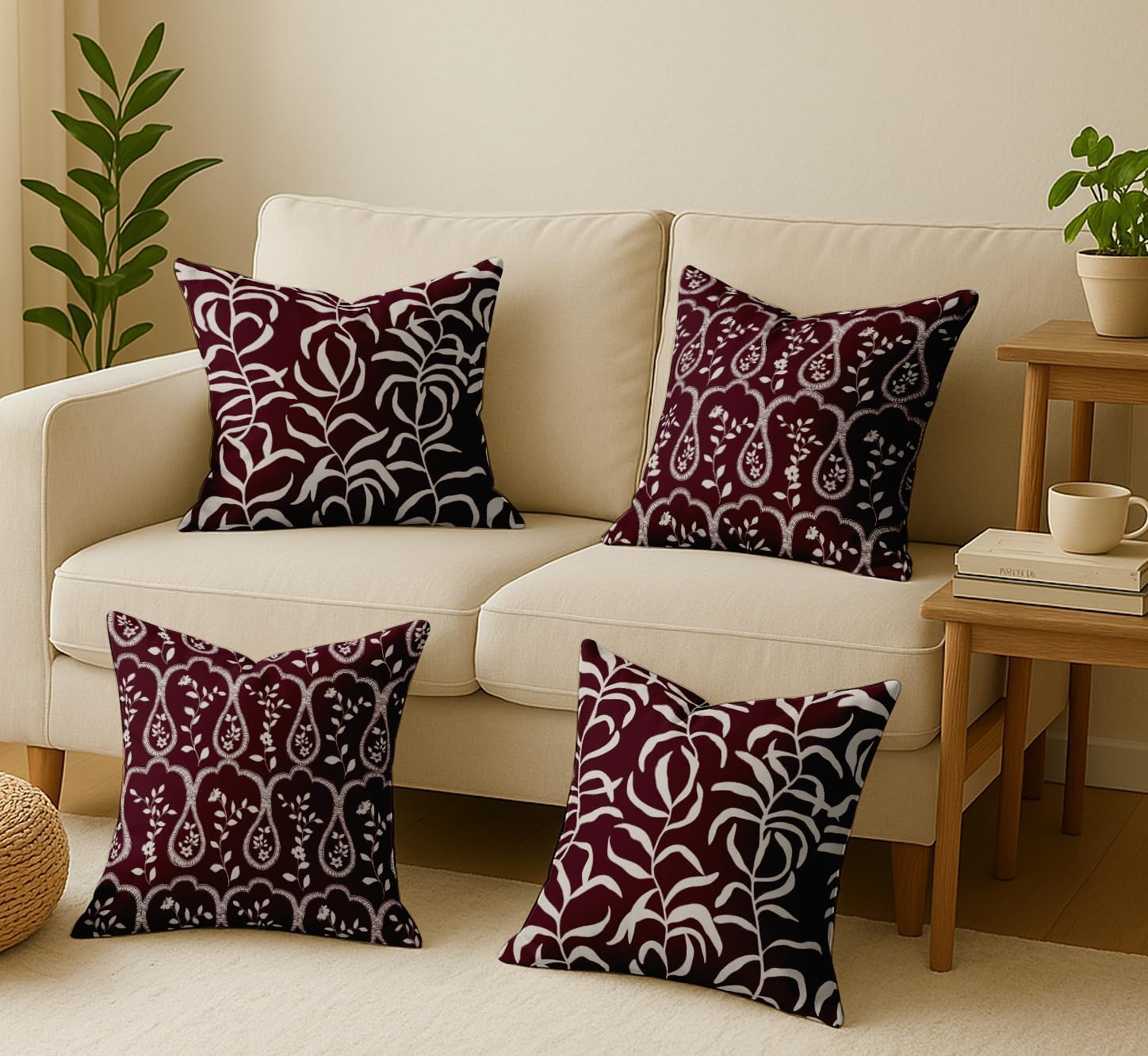 Leaves Design, Decorative Cushion Covers Set of 4-16x16 Inch, 100% Cotton, Printed on Both Sides, Hidden Zipper, Burgundy