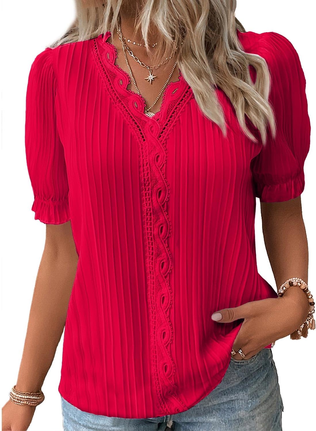 JUSTFASHIONNOW Women’s Elegant Lace V Neck Short Sleeve Solid Tops Shirt Blouse