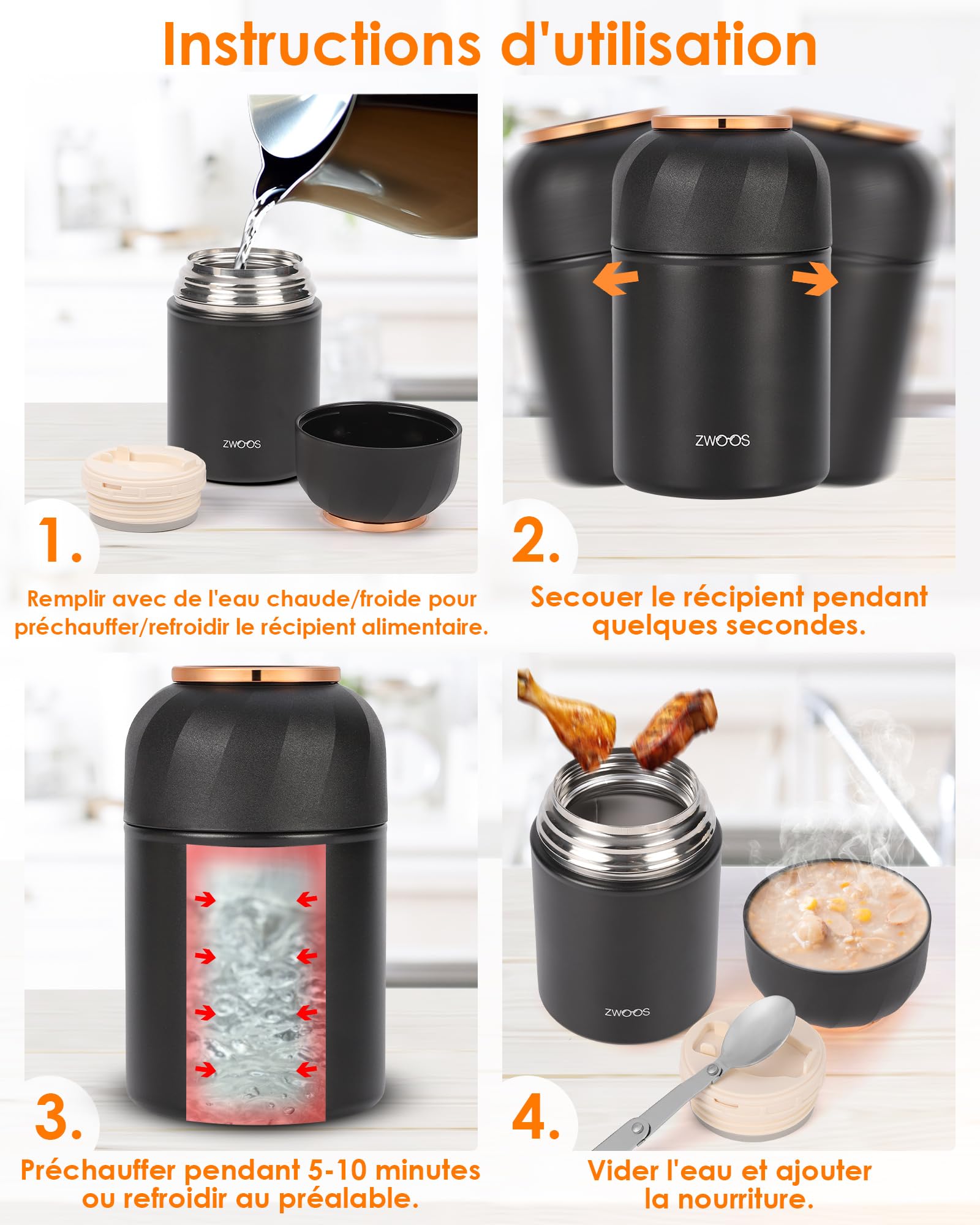 Boite Isotherme Repas Chaud Acier Inox 316 Thermos Alimentaire ZWOOS 850ml - Acier Inoxydable, Garde-Manger Chaud 12h, Avec Cuillère, Sans BPA Boite Repas Isotherme Thermos Repas Chaud