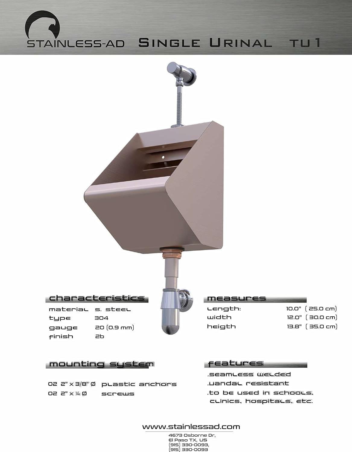 304 Stainless Steel Wall-Mounted Urinal – 20-Gauge Commercial Restroom Fixture with Flush Valve, Ideal for Schools, Hospitals, and Restaurants (13.8"×10"×12")