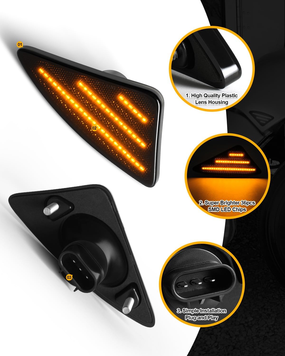 LED Side Marker Lights Compatible with Kenworth T660 T170 T270 T370 Semi Trucks 2008-2021,Turn Signal Lights Smoked Lens,Plug&Play, Waterproof(Normal Flash)