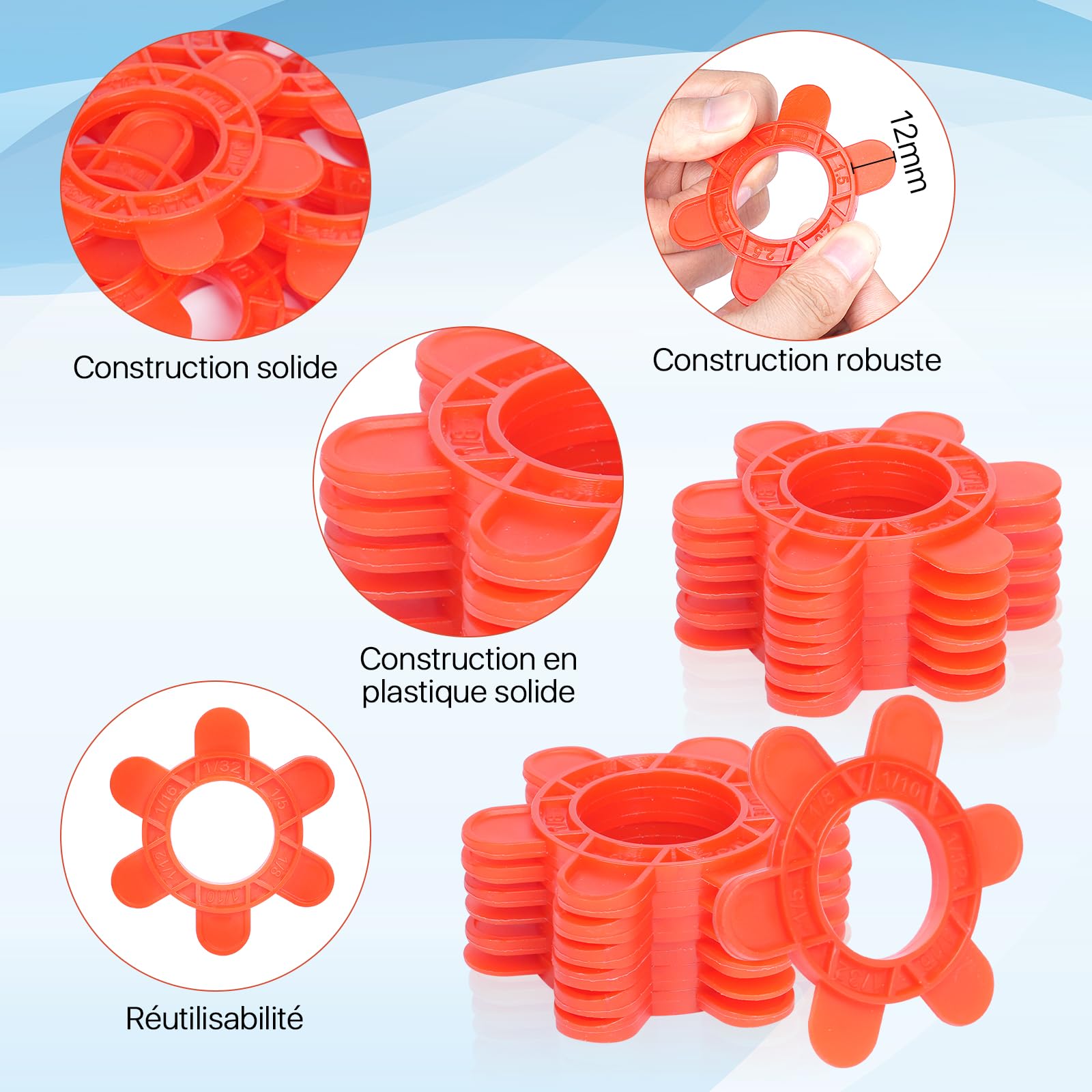 100 espaciadores hexagonales reutilizables para baldosas, 6 medidas en 1 (1 mm, 1.5 mm, 2 mm, 2.5 mm, 3 mm, 5 mm), para juntas precisas y retirada rápida (100 unidades, rojo)