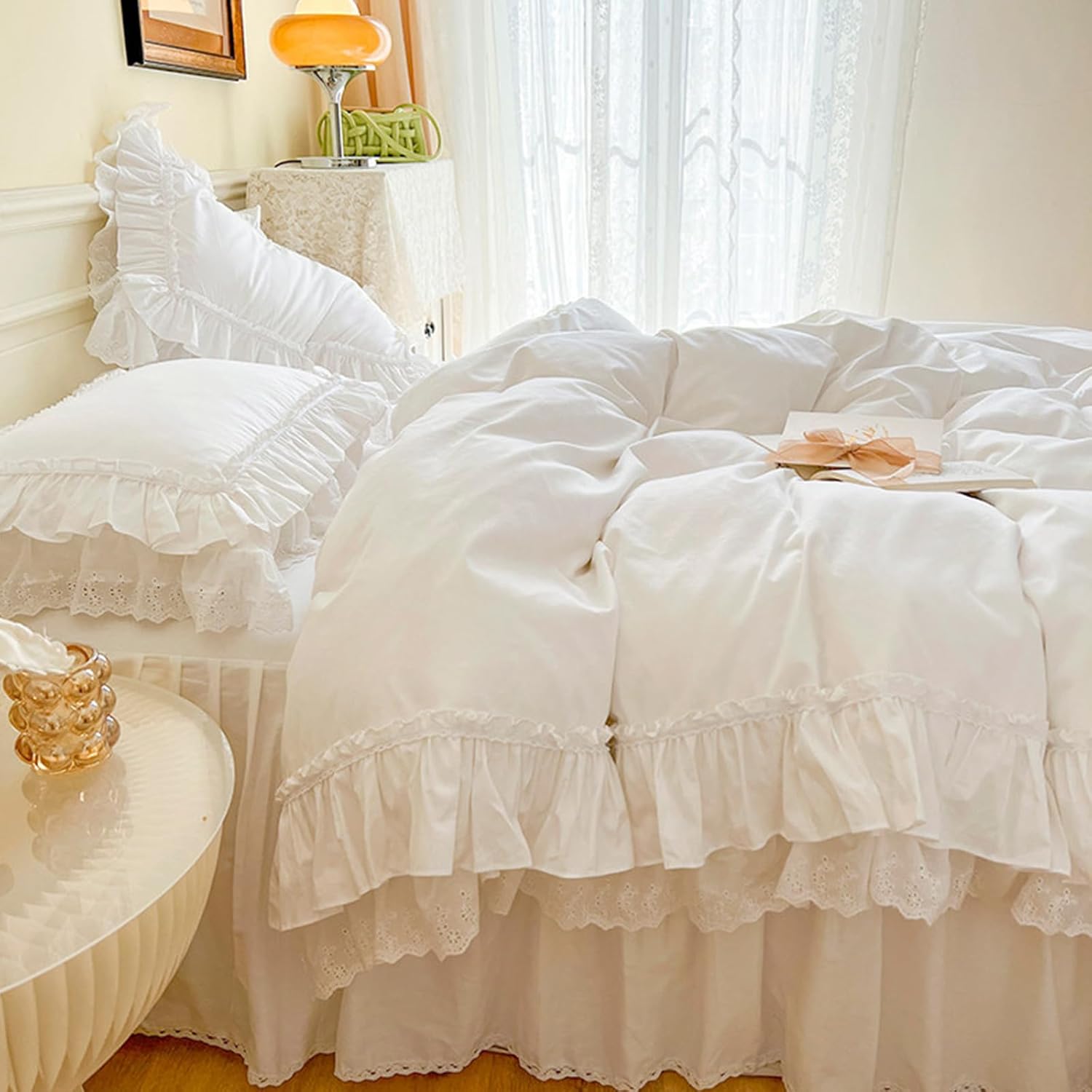 Cotton Chic Ruffle Lace Soft Duvet Cover Set, Comforter Cover Set, Princess Style Bedding Sets, Quilt Cover,1 Bedskirt + 2 Pillowcasesac(Queen, White)