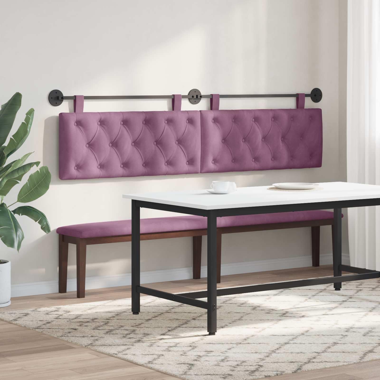 Wiszący zagłówek z oświetleniem LED, fioletowy aksamit do sypialni, salonu i pokoju gościnnego, nowoczesny panel ścienny, wyściełany, 210 cm szerokości, łącznie z materiałem montażowym