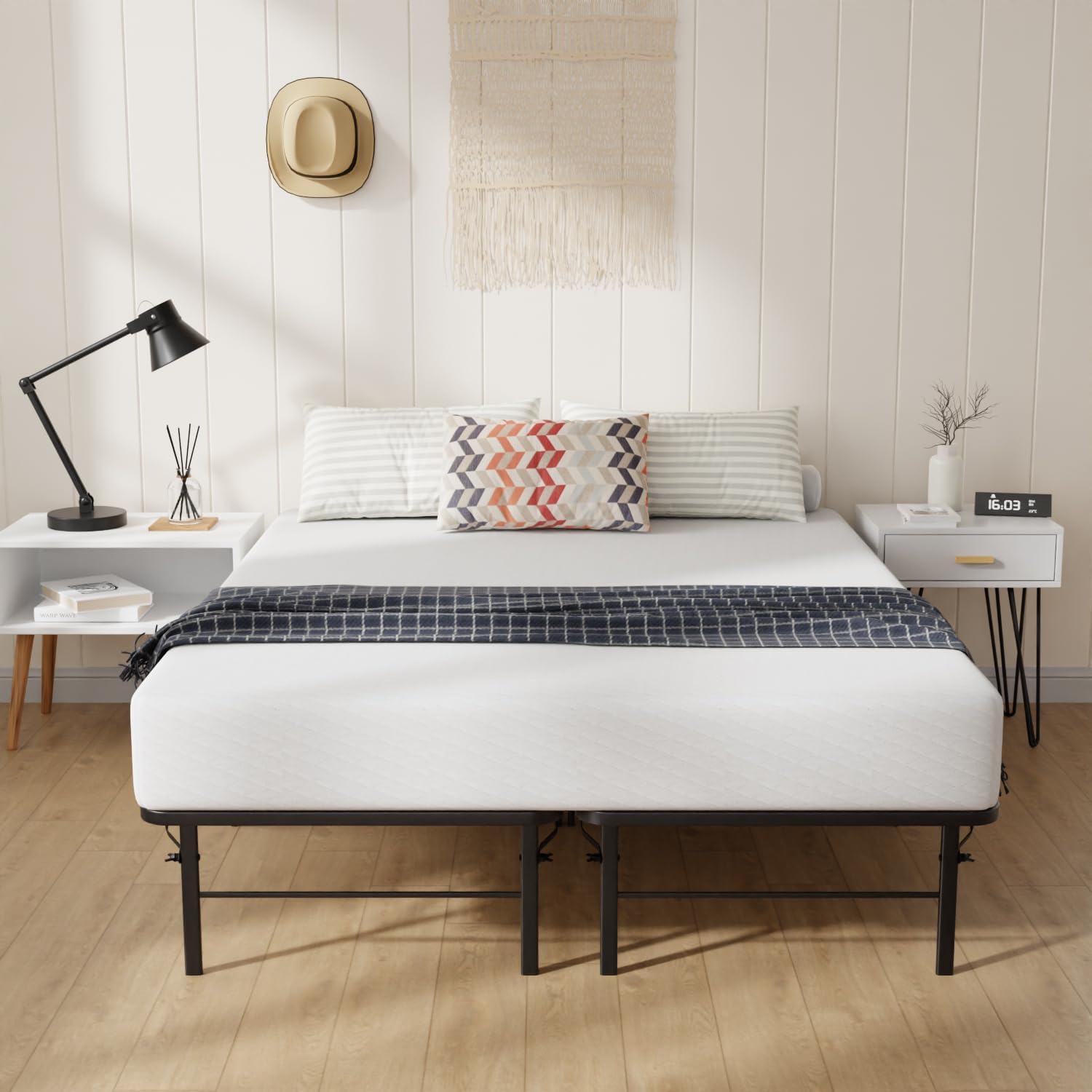 Metal Bed Frame Short Queen Bed Frame with Foldable Metal Platform Support Durable Coated Steel Slat with Tool Free Setup Noise Free Non Shake Anti Skid Foot Pads Solid Foundation for Bedroom, Black