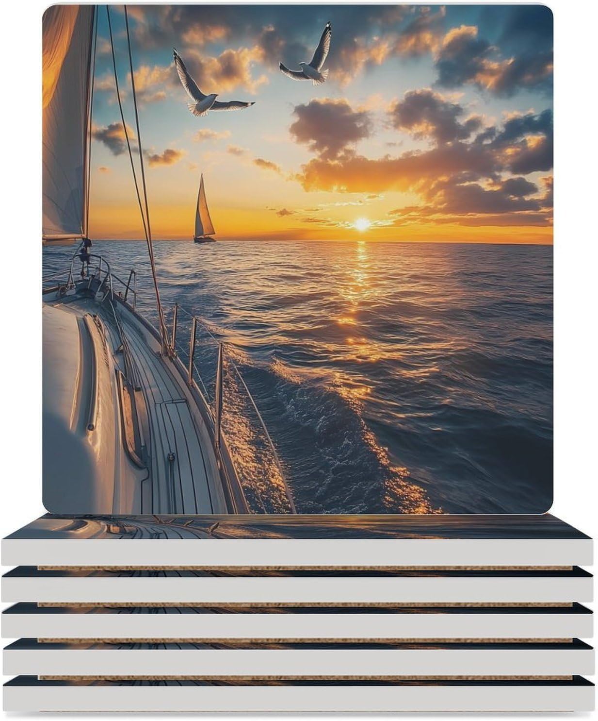 Sailboat and Sea Coasters for Drinks Square Table Coasters Set Cup Mats with Cork Base