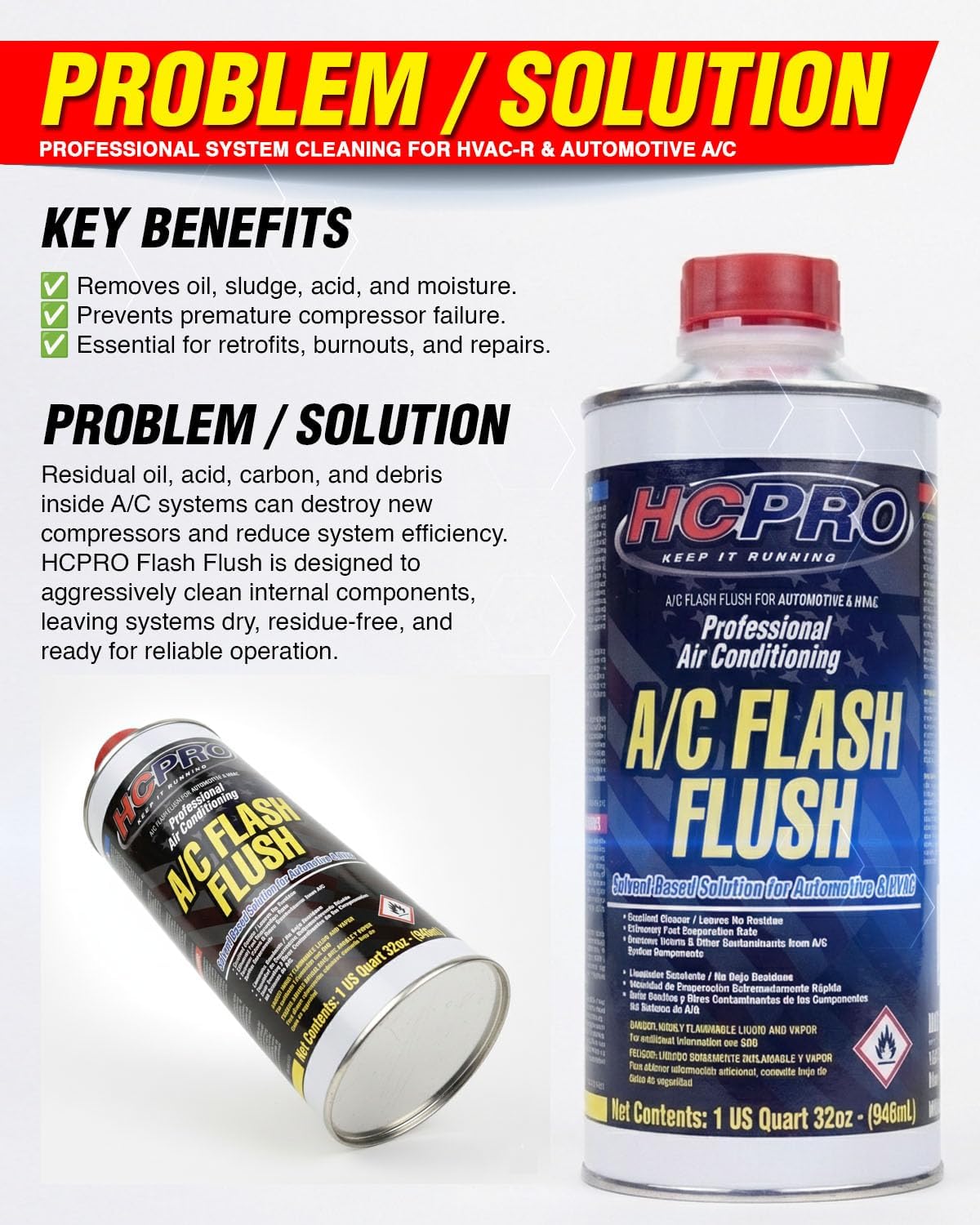 AC Flush Solvent - 32 oz HVAC Line Cleaner for Car & Home Air Conditioner Systems | Removes Oil Sludge Contaminants | Universal Refrigerant Flush HCPRO