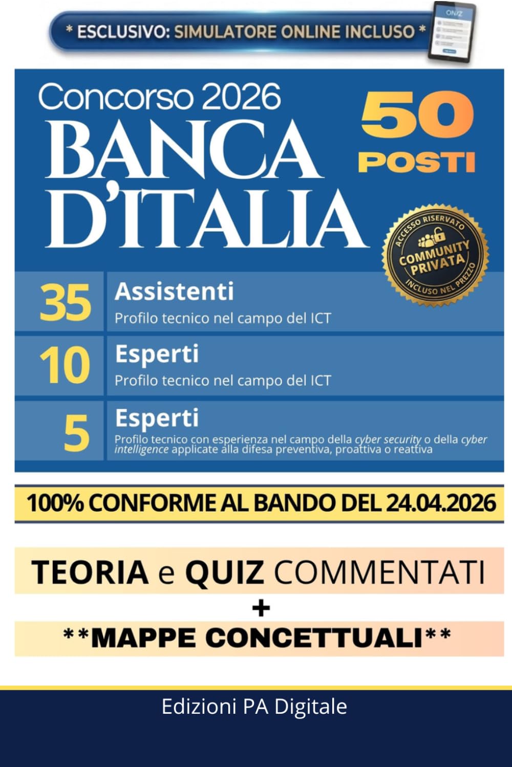 Concorso 50 posti Banca d'Italia 2026 | 35 Assistenti ICT | 10 Esperti ICT | 5 Esperti Cyber Security: Manuale Rapido per Preselettiva, Prova Scritta e Orale | Quiz Commentati e Simulatore Online