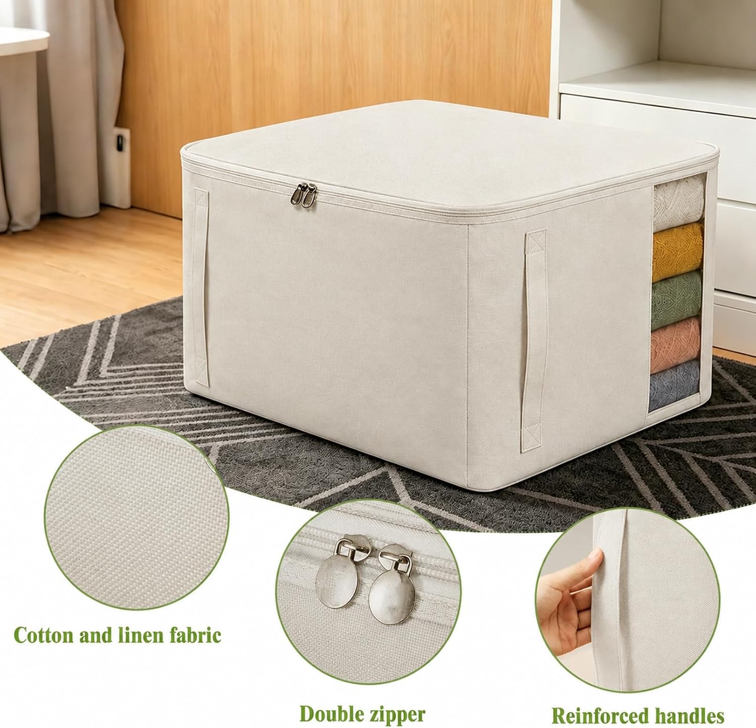 3 Pack Clothes Storage Bag, 21.3 x 11.8 x 16.5 inch Large Canvas Closet Organizer, Foldable Storage Bins with Handles and Clear Window, Fabric Containers for Blankets Bedding Clothing(Beige)