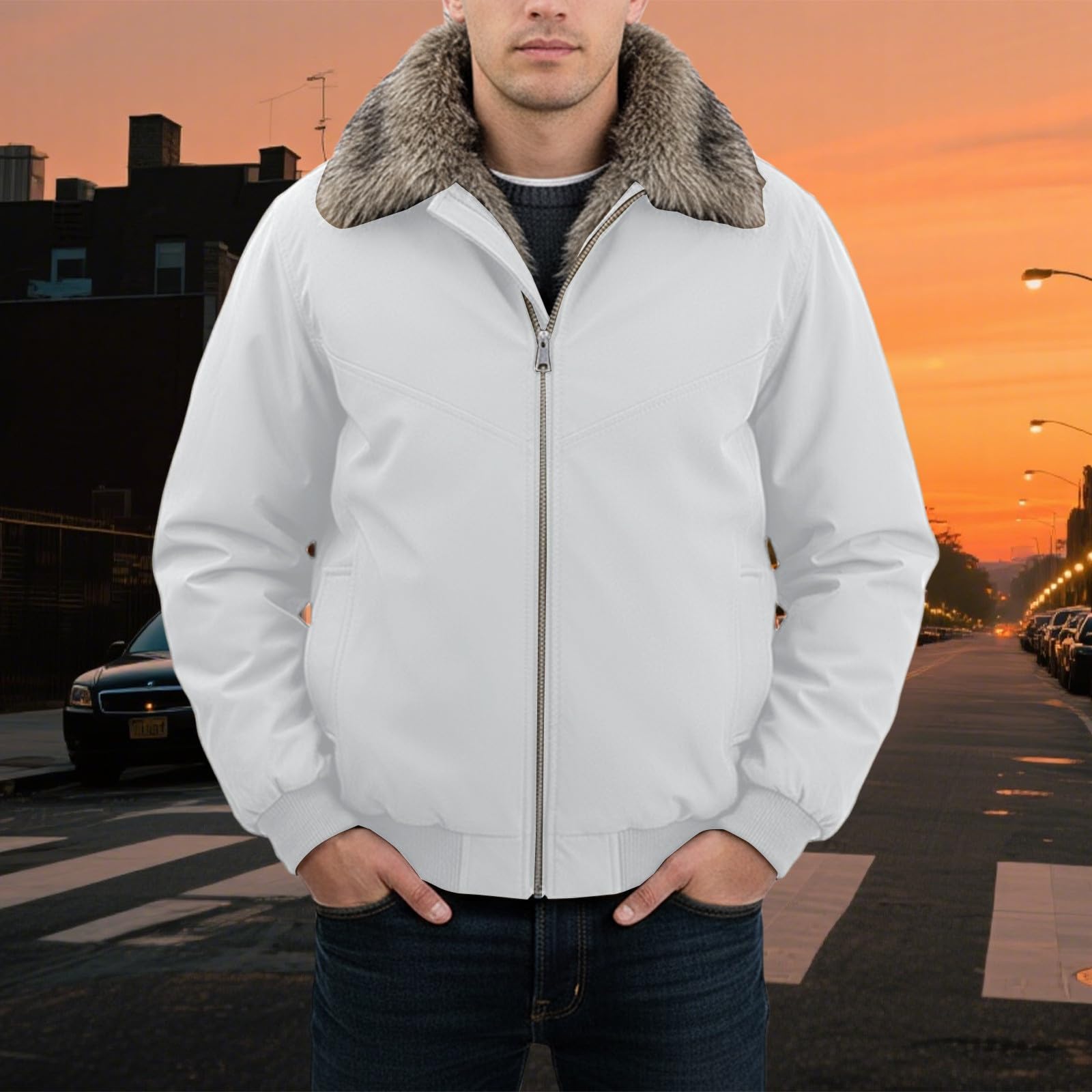 Generisch Chaqueta de plumas de piel sintética para hombre, chaqueta de invierno con cuello alto, chaqueta de entretiempo, chaqueta cortavientos, monocolor, chaqueta bomber, holgada, cálida, chaqueta