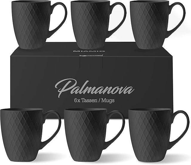 MIAMIO  6 x 400 ml  Coffee Mug Set/Mug - Modern Ceramic Mug Matt - Coffee Mug Large - Palmanova Collection (Black)