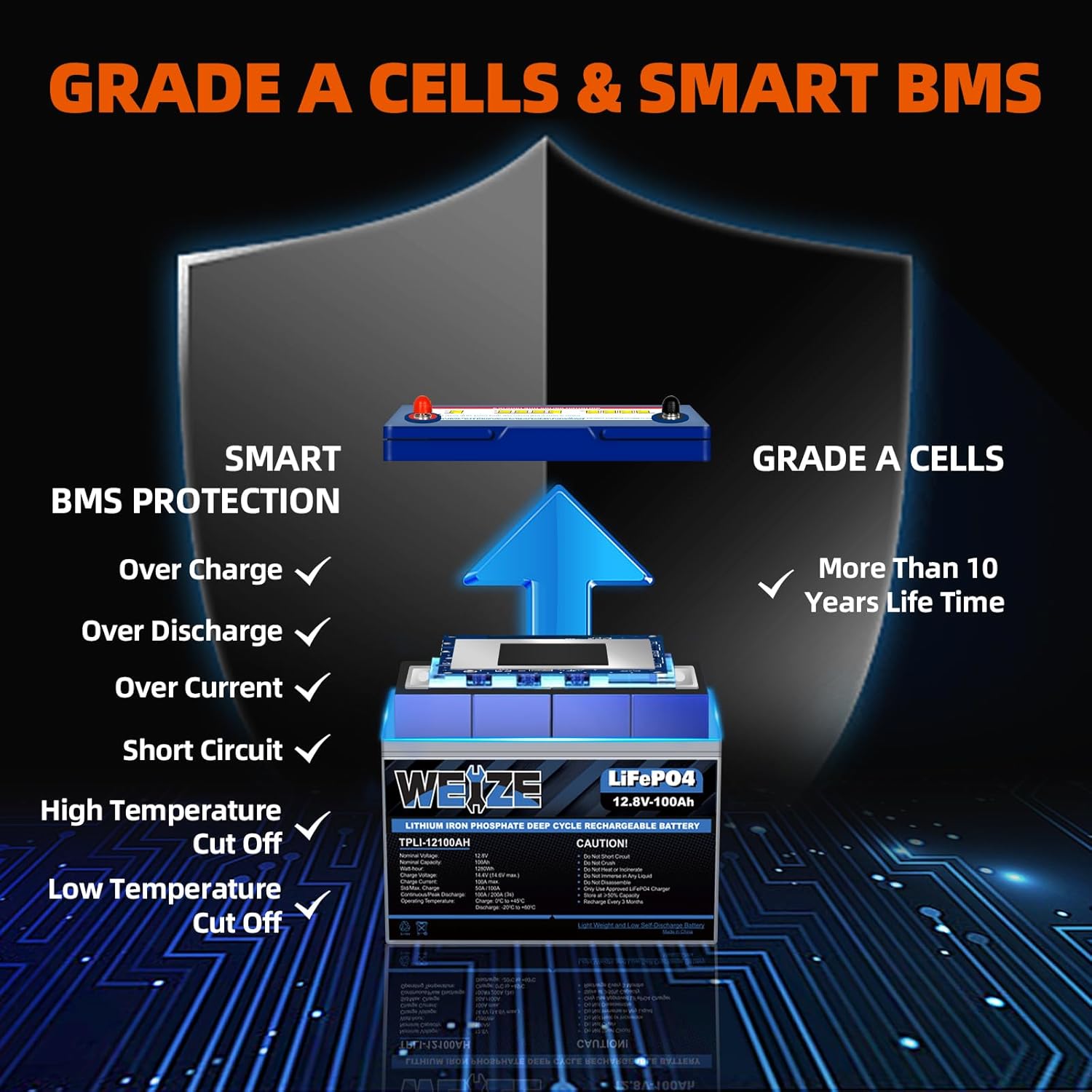 WEIZE 12V 100Ah LiFePO4 Battery with Smart BMS protection features