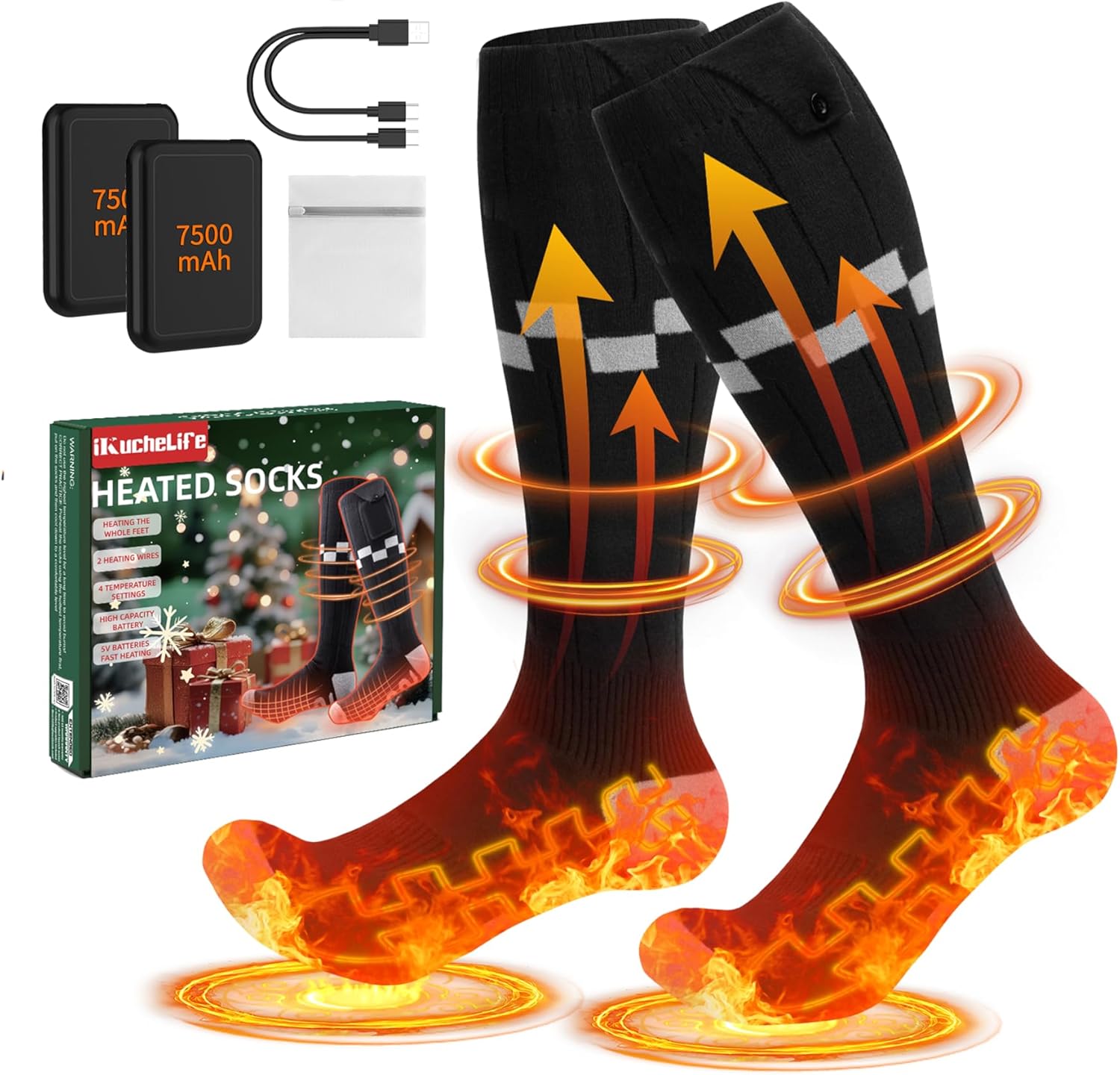 Heated Socks 7500mAh*2 Battery, Rechargeable Heated Socks with 4 Heating Levels Up to 14 Hours, Electric Socks for Winter Skiing Hunting Camping Hiking Fishing Cycling Outdoor