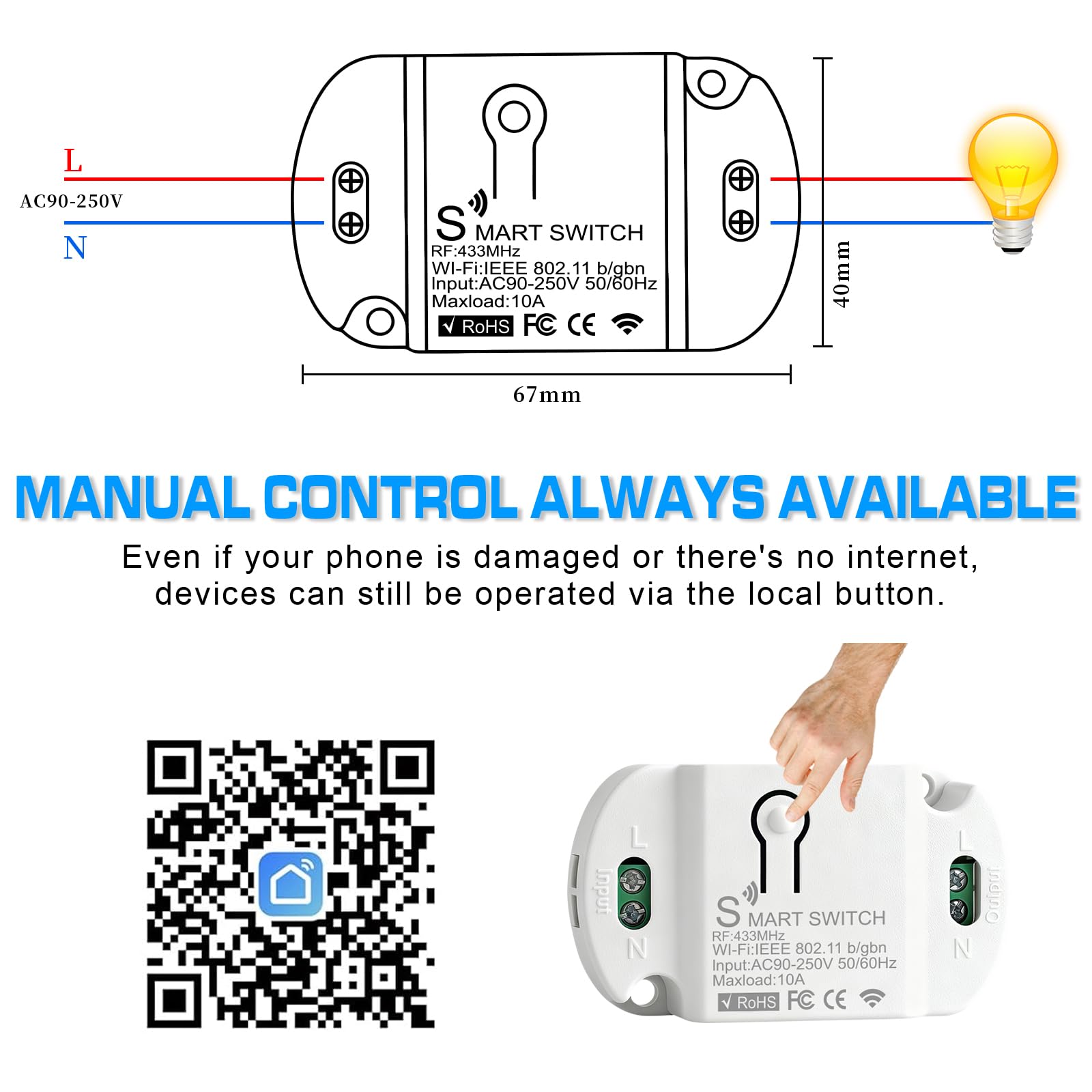 4 módulos de interruptor de luz inteligente, 10 A, interruptor inteligente WiFi Smart Life WiFi, módulo universal Smart WiFi, compatible con Alexa Google Assistant Tuya Smart DIY, empotrado