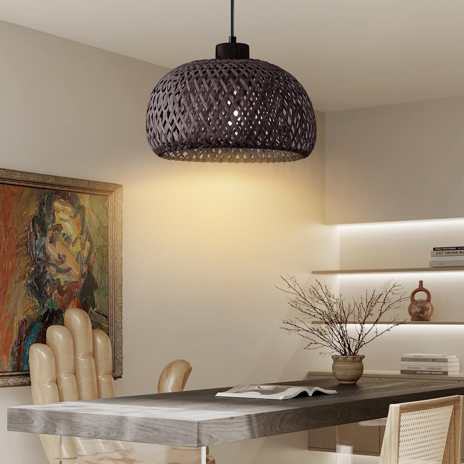 Photo 1 of Daoseolo Black Bamboo Pendant Light, 11.8inch Hand-Woven Natural Wicker Rattan Farmhouse Lamp, Boho Hanging Chandelier, Rustic Kitchen Island Ceiling Pendant Light for Living Room, Dining, Foyer