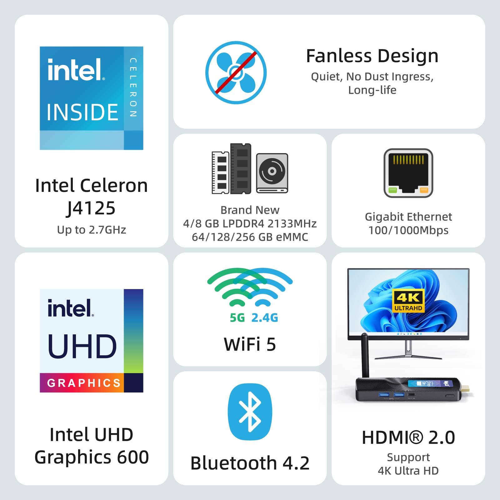 ミニPC MeLE PCG02 GLE J4125 8GB 256GB MeLE PCG02 Fanless Mini PC Stick, Celeron J4125 8GB 128GB