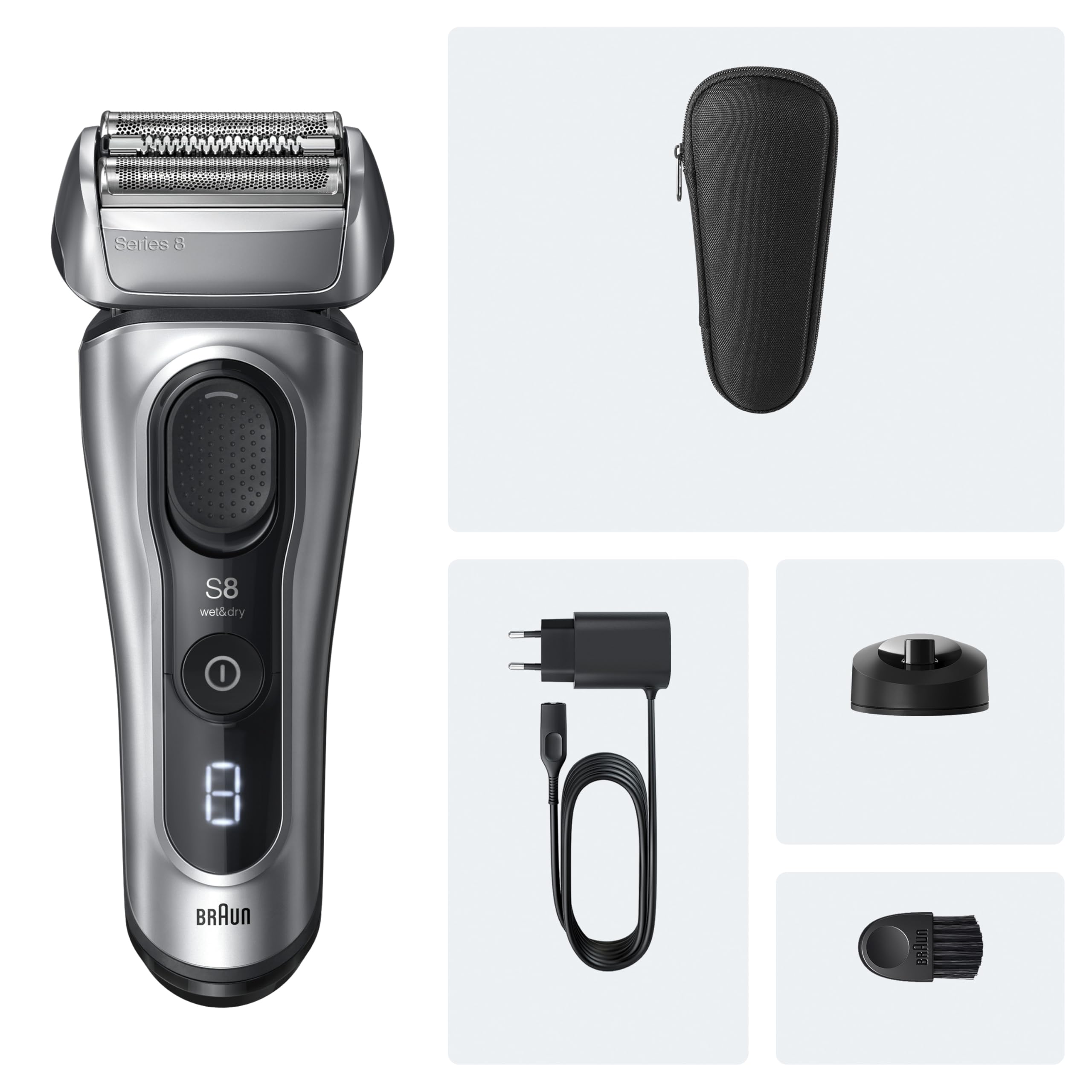 Braun Afeitadora Eléctrica Hombre Series 8, Máquina de Afeitar Barba en Seco Y en Mojado con Cabezal de Precisión Y Recortadora, 60 Min de Uso, Base de Carga Y Estuche de Viaje, 8617S, Plata