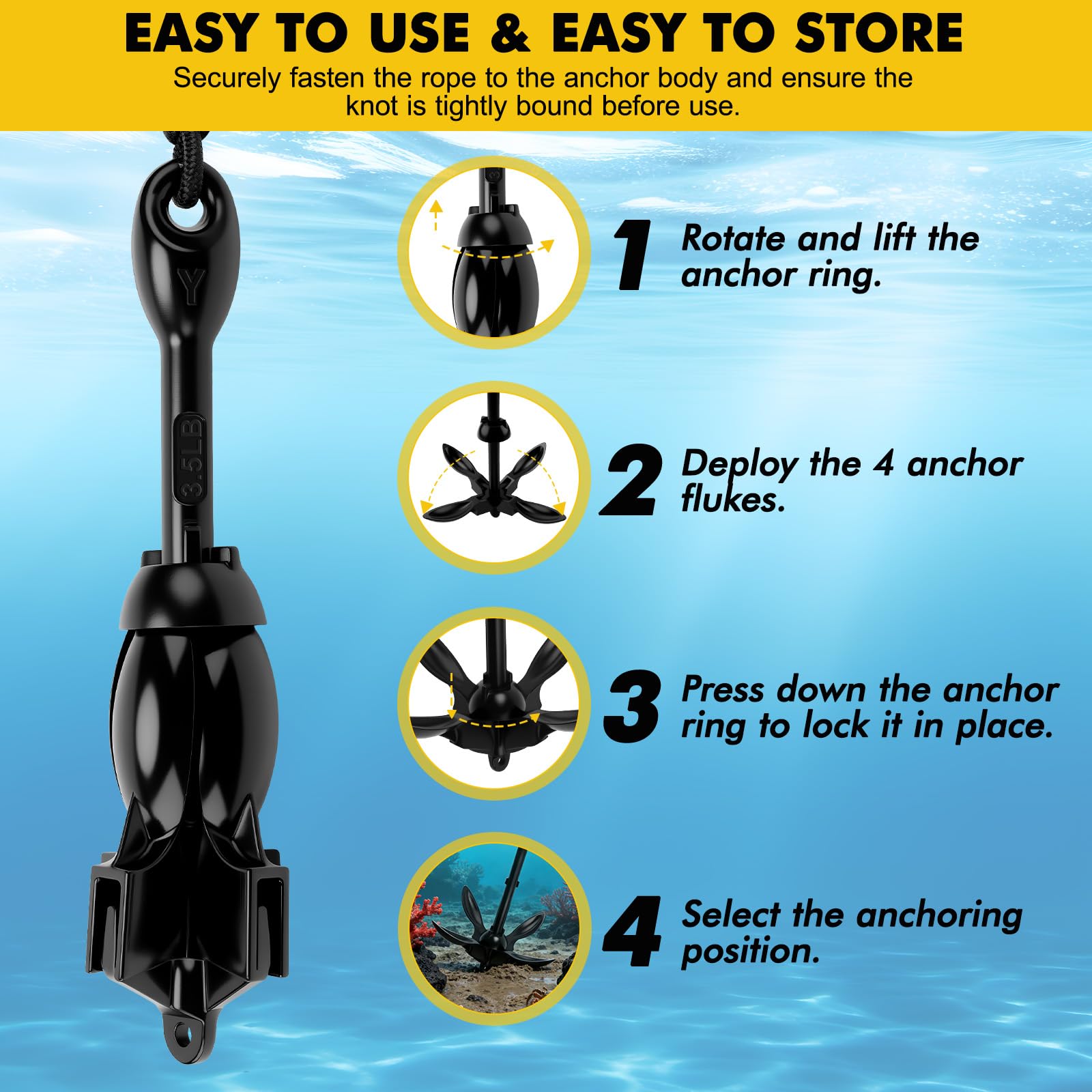 Ancoraggio pieghevole per barche, 1,59 kg, set di ancoraggi pieghevoli con corda di ancoraggio da 12 m, per gonfiabile, barca, SUP, paddle